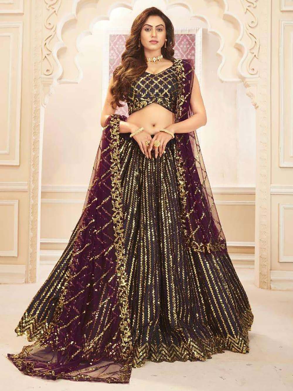 Wine Beautiful Sequins Silk Wedding Lehenga Choli With Dupatta
