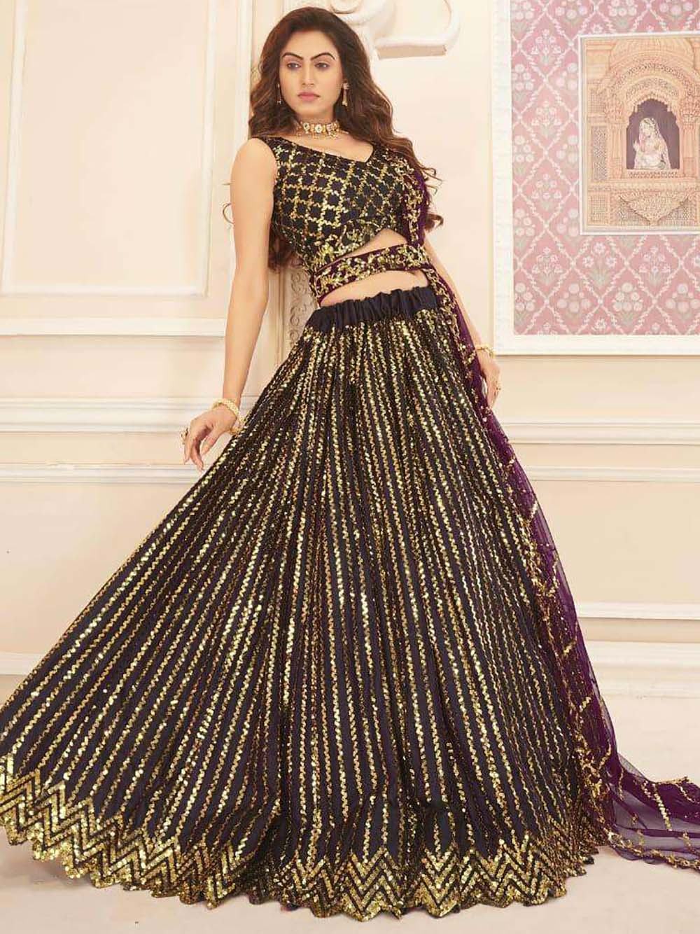 Wine Beautiful Sequins Silk Wedding Lehenga Choli With Dupatta
