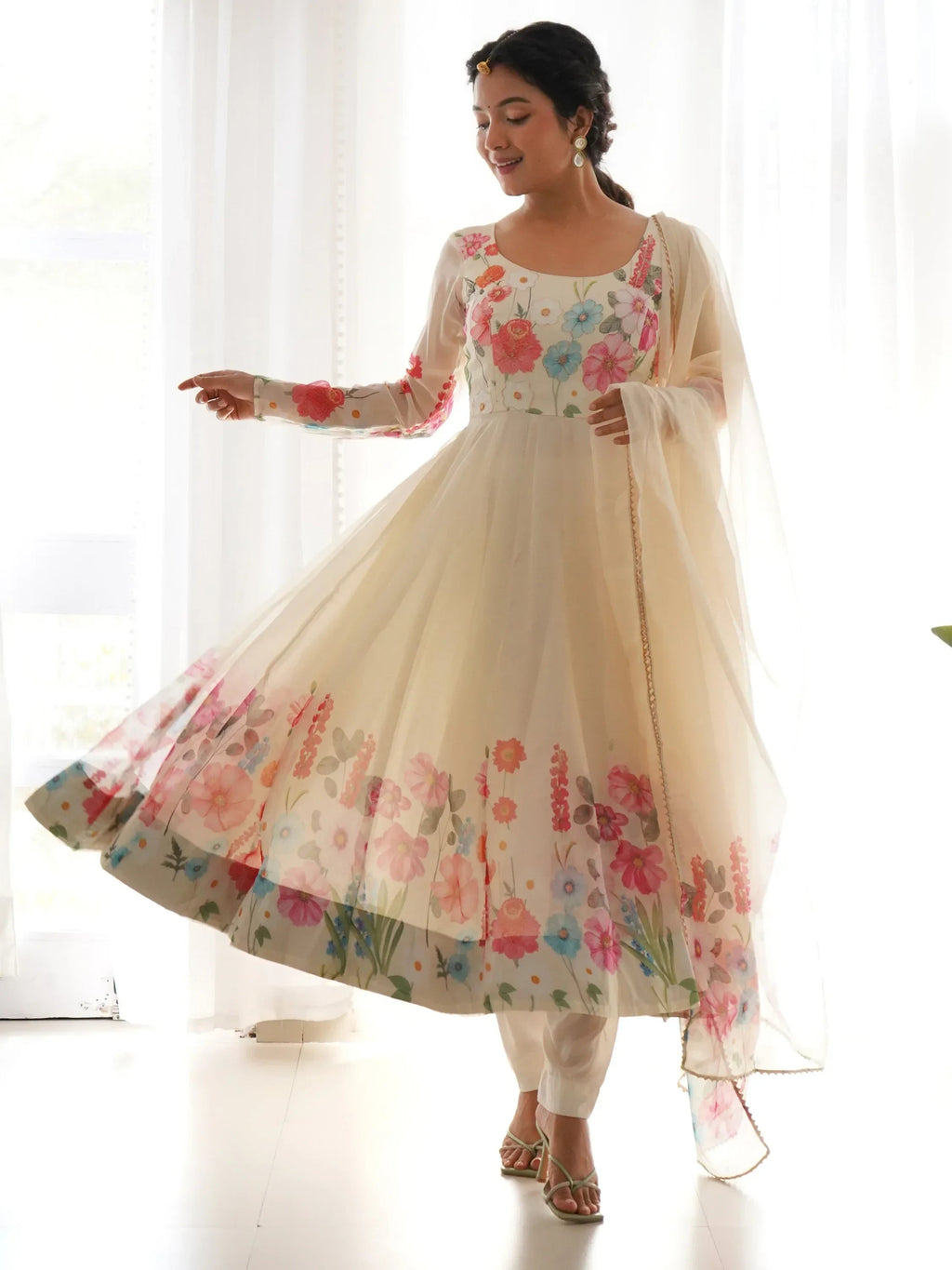 Cream Incredible Floral Printed Organza Festival Wear Anarkali Suit