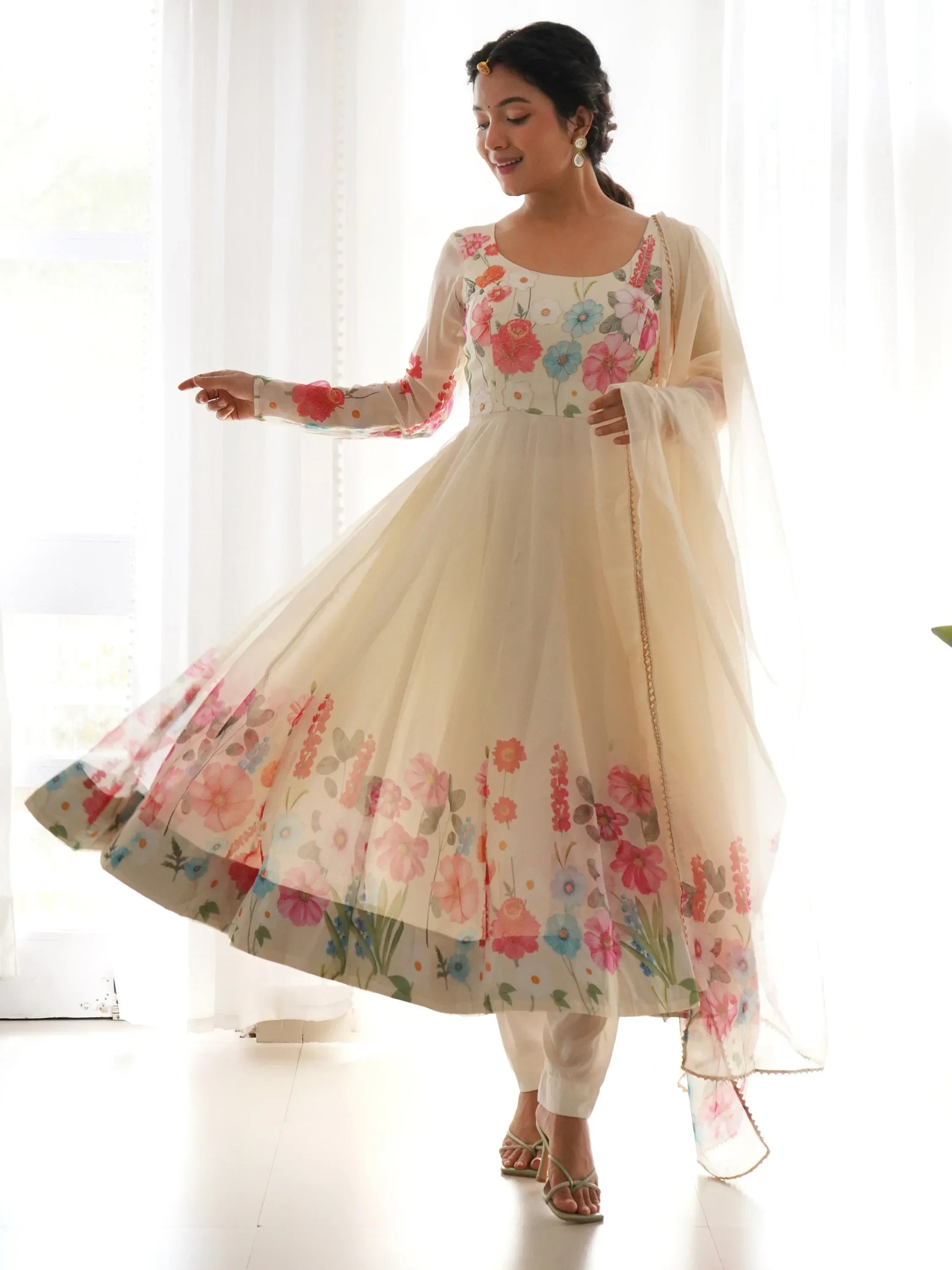 Cream Incredible Floral Printed Organza Festival Wear Anarkali Suit