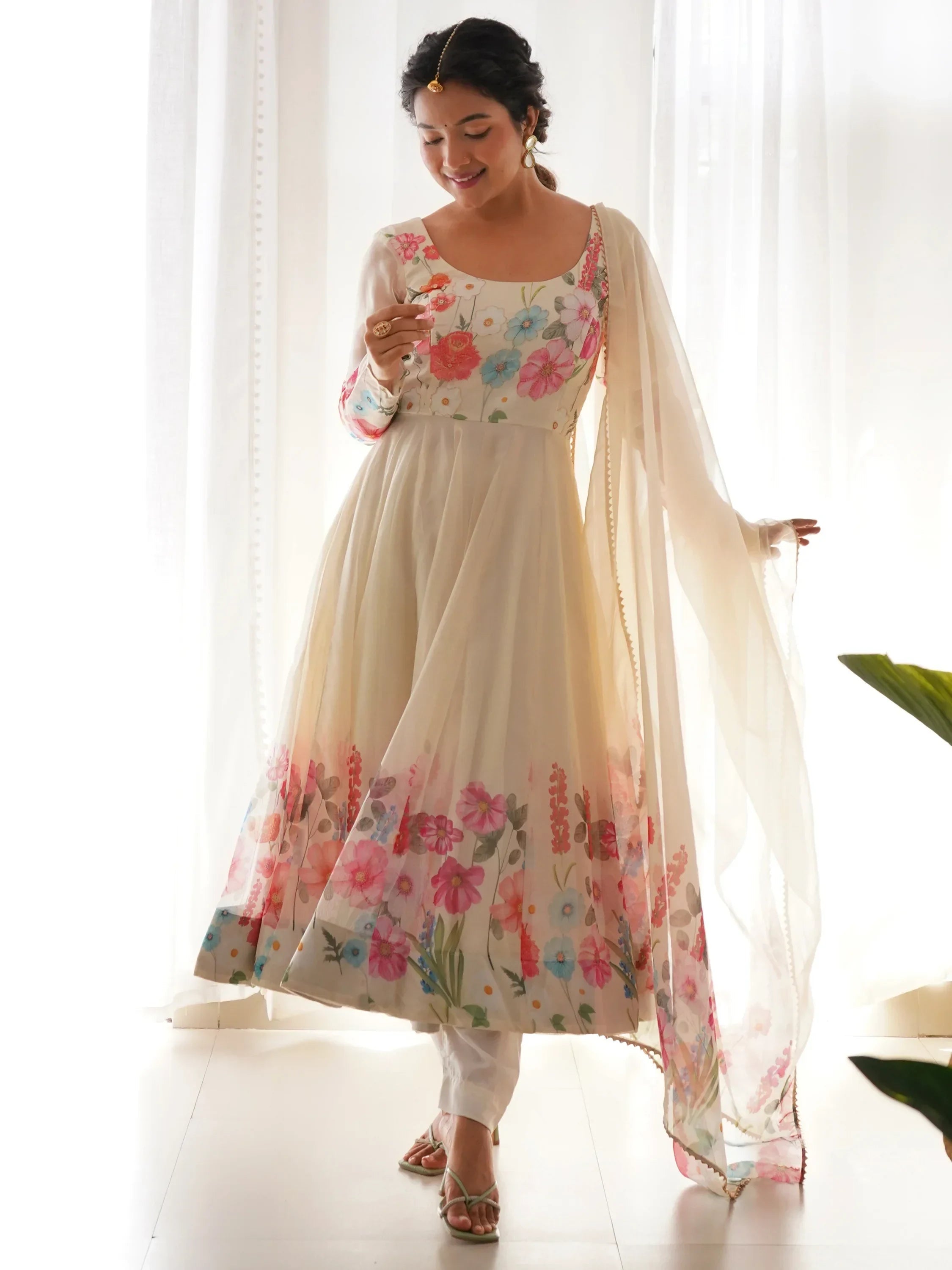 Cream Incredible Floral Printed Organza Festival Wear Anarkali Suit