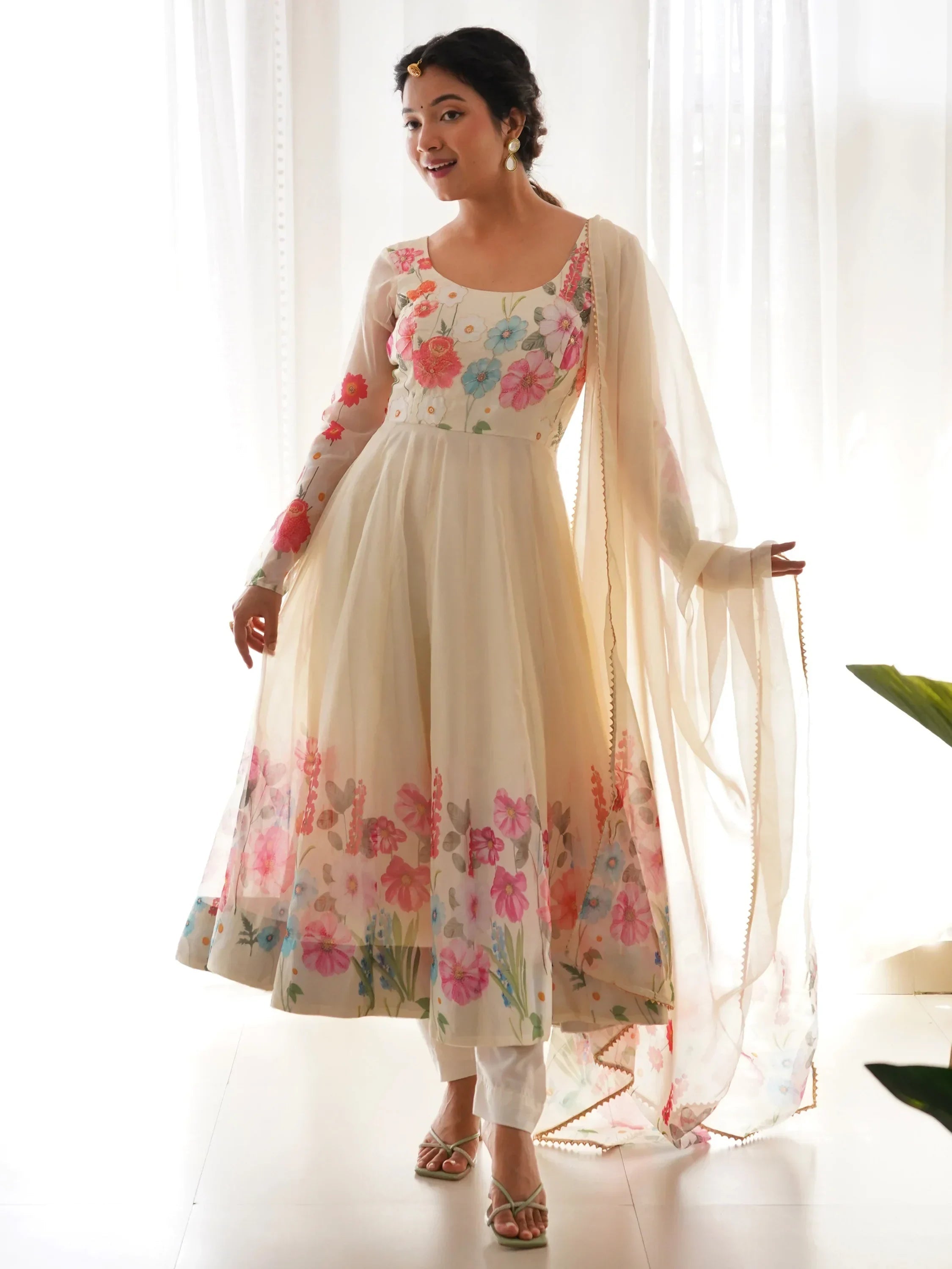 Cream Incredible Floral Printed Organza Festival Wear Anarkali Suit