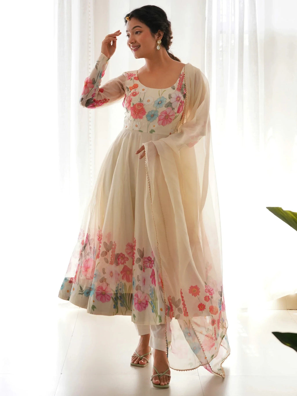 Cream Incredible Floral Printed Organza Festival Wear Anarkali Suit