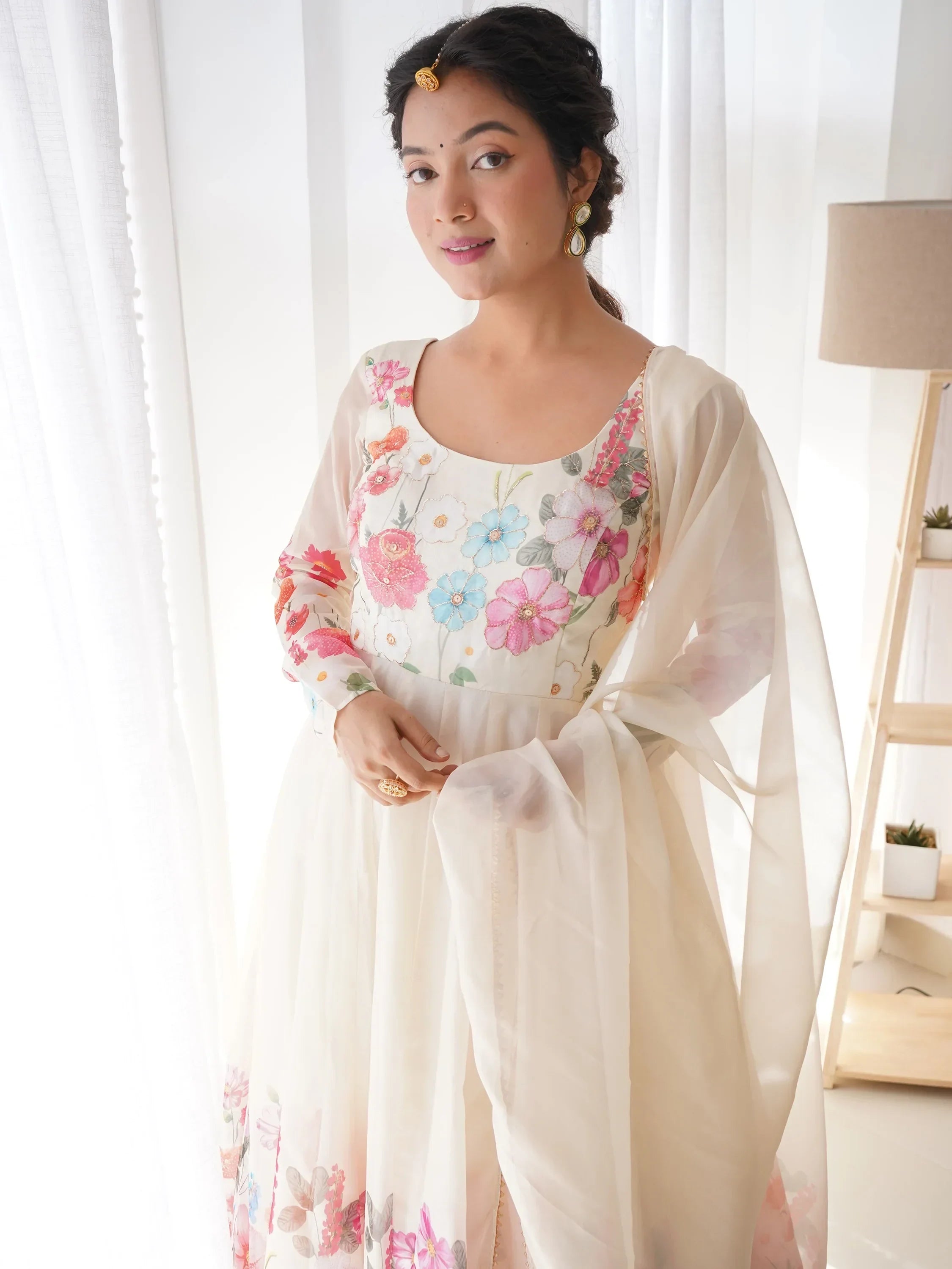 Cream Incredible Floral Printed Organza Festival Wear Anarkali Suit