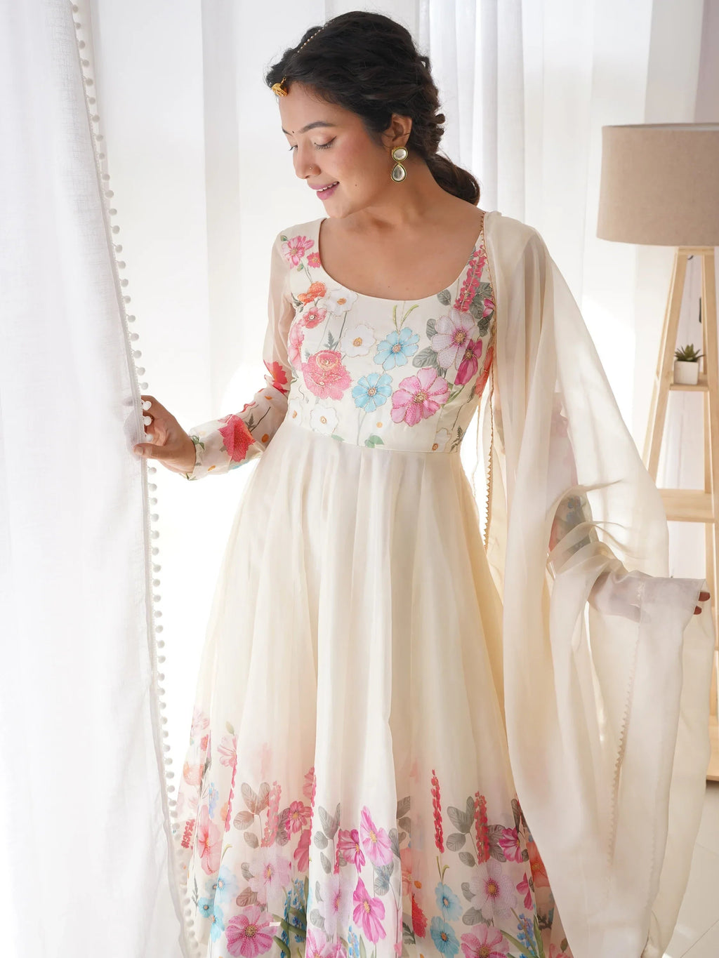 Cream Incredible Floral Printed Organza Festival Wear Anarkali Suit