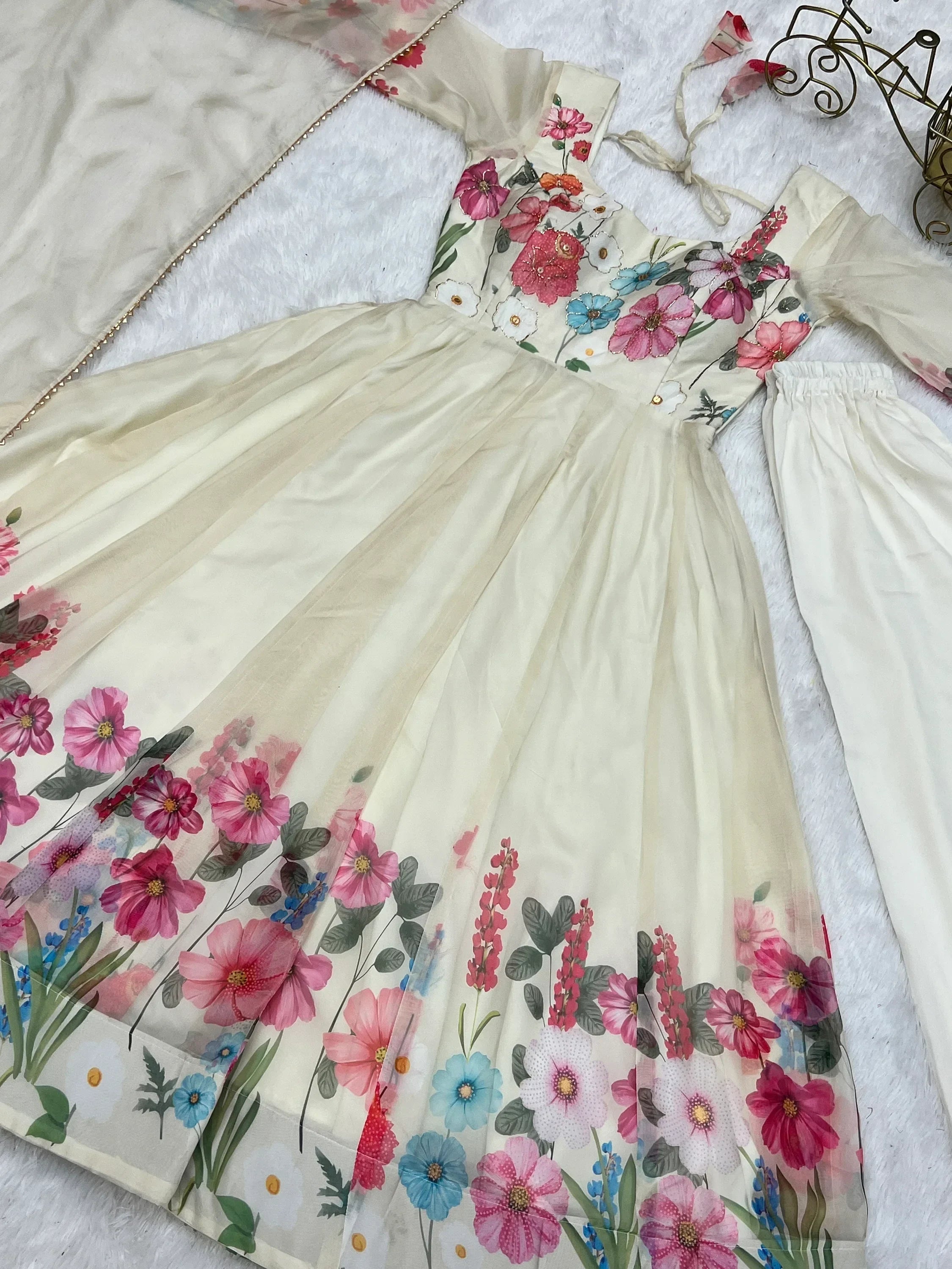 Cream Incredible Floral Printed Organza Festival Wear Anarkali Suit