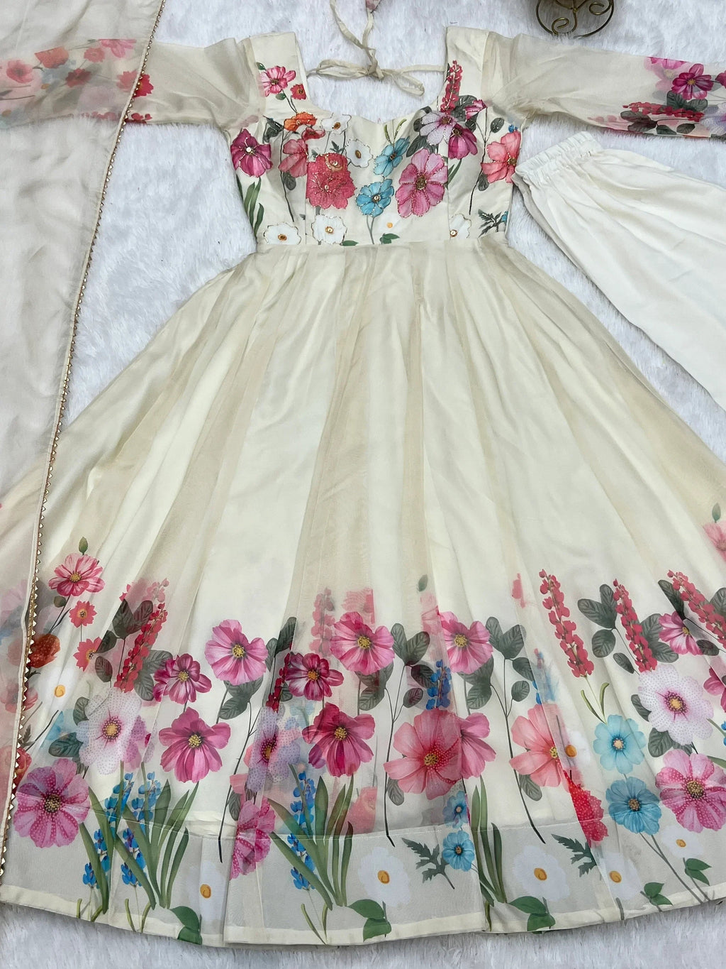 Cream Incredible Floral Printed Organza Festival Wear Anarkali Suit
