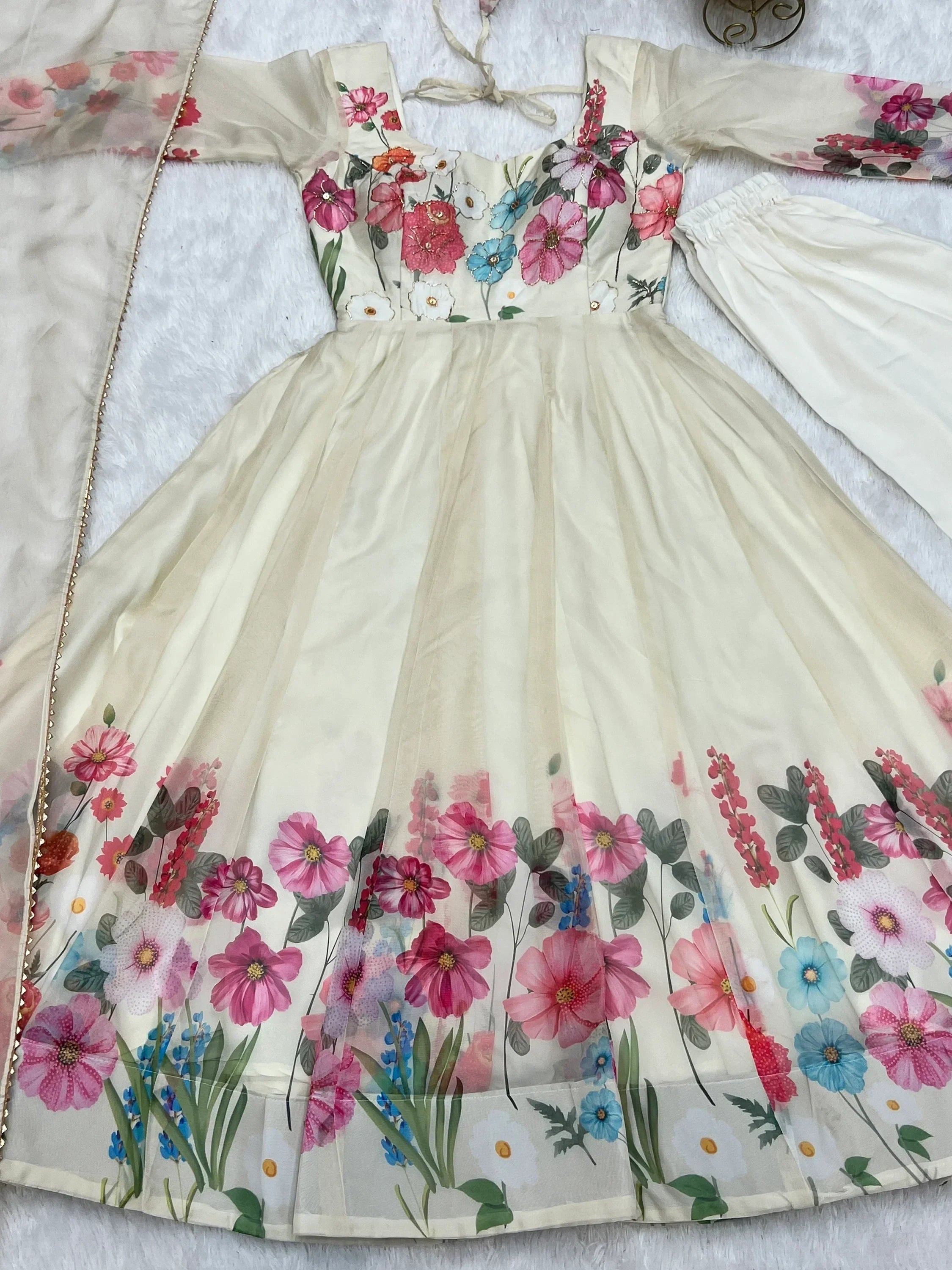 Cream Incredible Floral Printed Organza Festival Wear Anarkali Suit