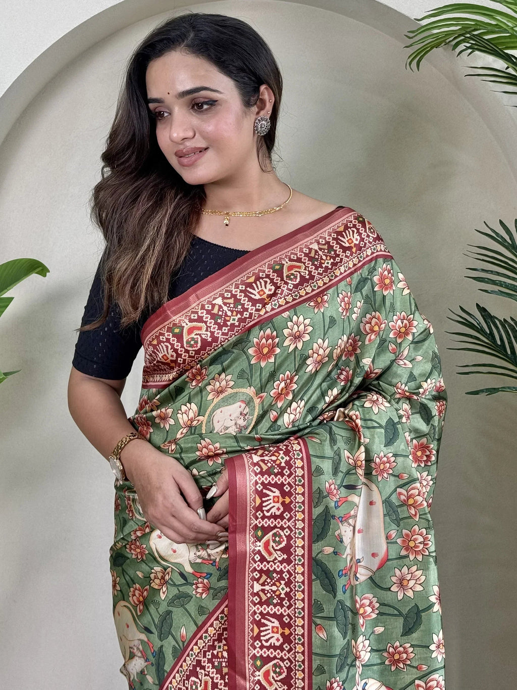 Wonderful Green Pichwai Printed Viscose Event Wear Saree With Blouse