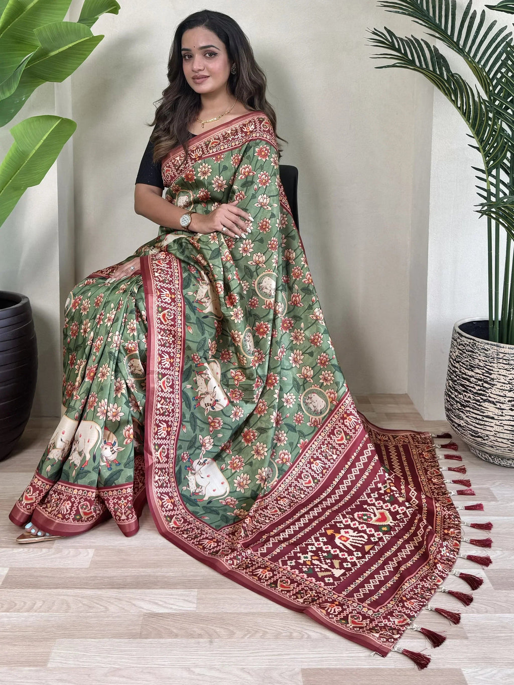 Wonderful Green Pichwai Printed Viscose Event Wear Saree With Blouse
