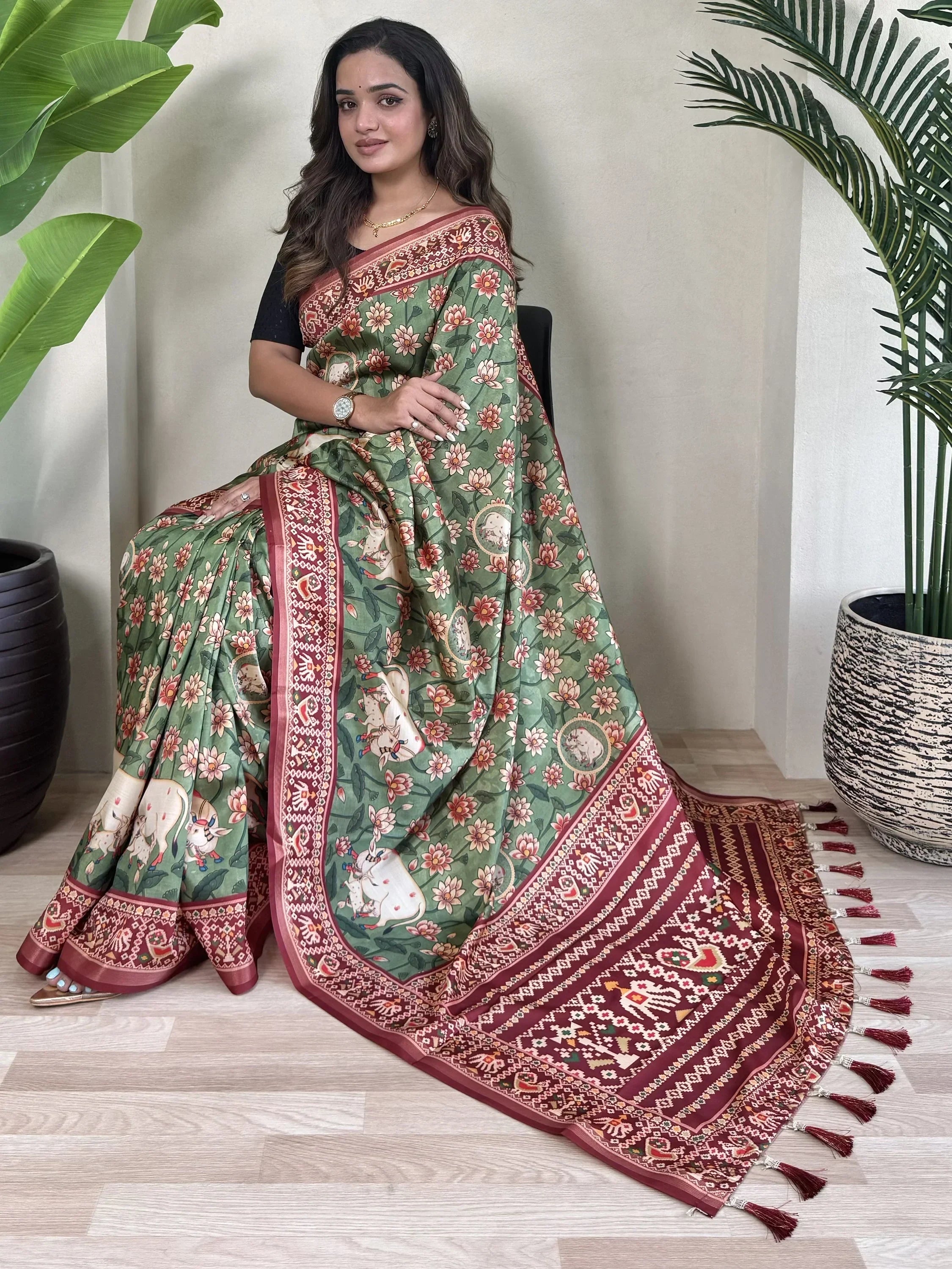 Wonderful Green Pichwai Printed Viscose Event Wear Saree With Blouse