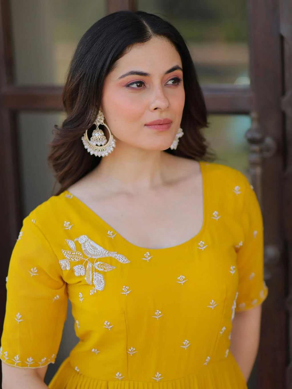 Yellow Sweet Embroidered Georgette Traditional Gown