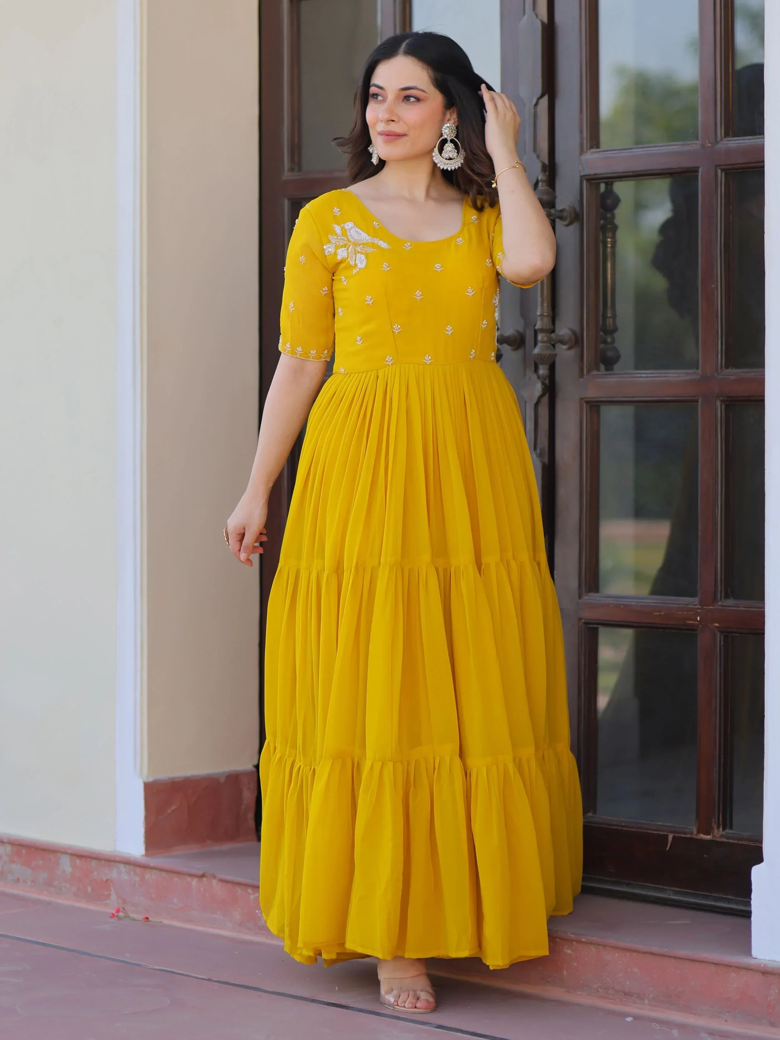 Yellow Sweet Embroidered Georgette Traditional Gown