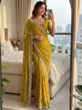 Yellow Captivating Beads Work Satin Party Wear Saree With Blouse