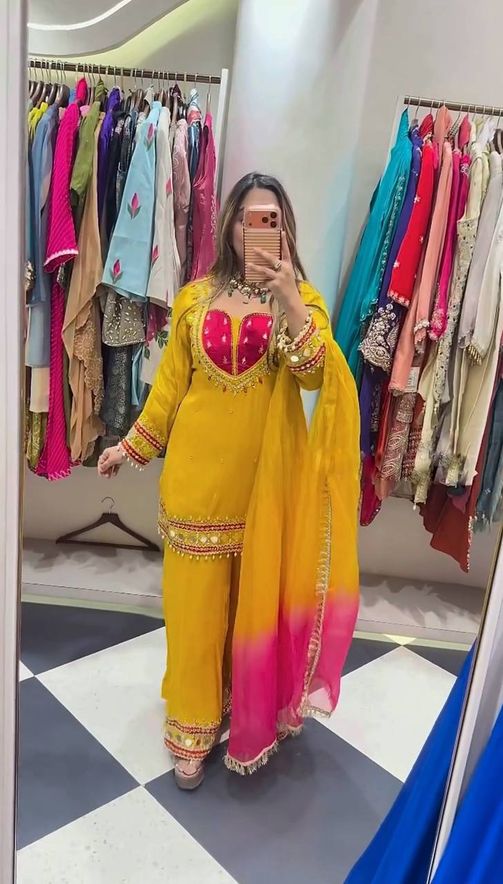 Yellow Roman Glass Sharara Suit with Mirror Work, fully stitched festive ethnic wear