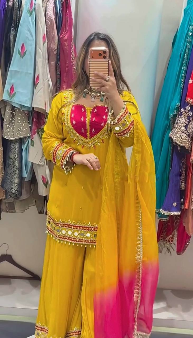 Yellow Roman Glass Sharara Suit with Mirror Work, fully stitched festive ethnic wear