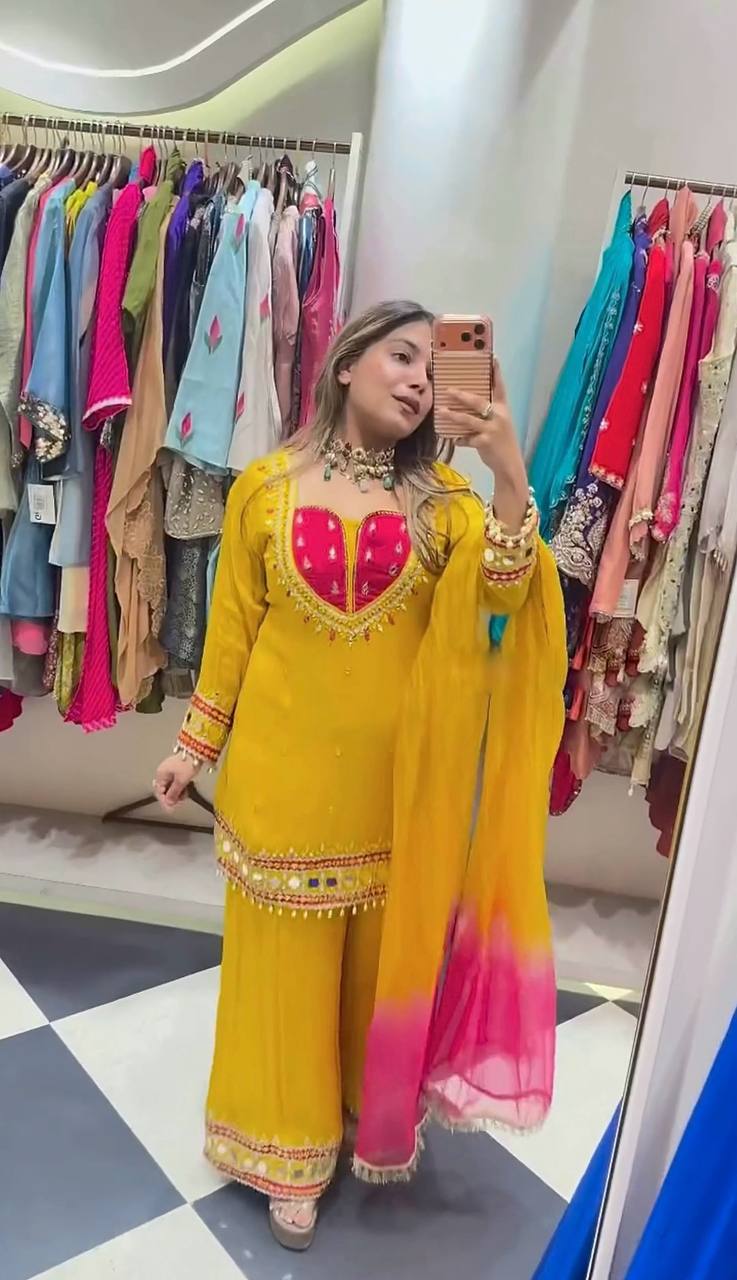 Yellow Roman Glass Sharara Suit with Mirror Work, fully stitched festive ethnic wear