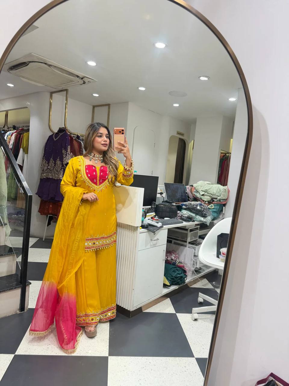 Yellow Roman Glass Sharara Suit with Mirror Work, fully stitched festive ethnic wear