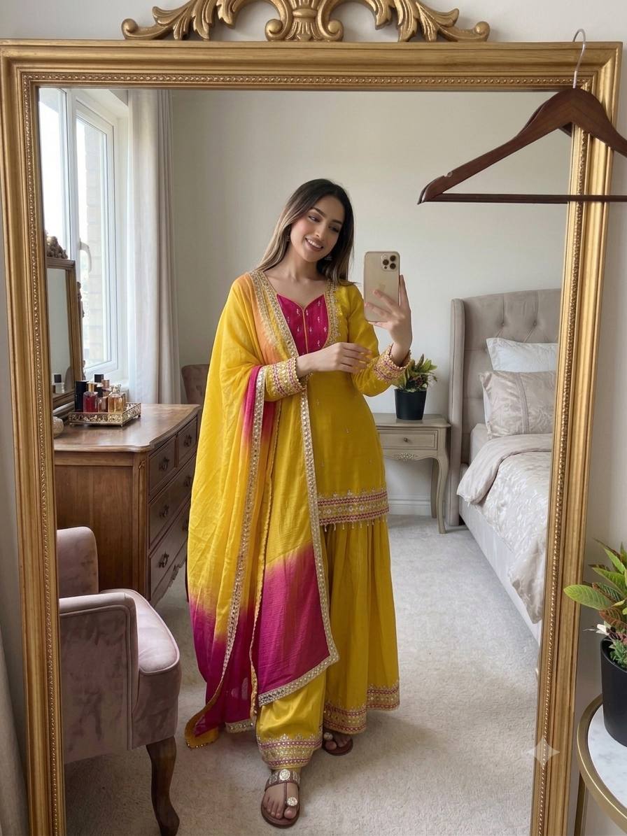 Yellow Roman Glass Sharara Suit with Mirror Work, fully stitched festive ethnic wear