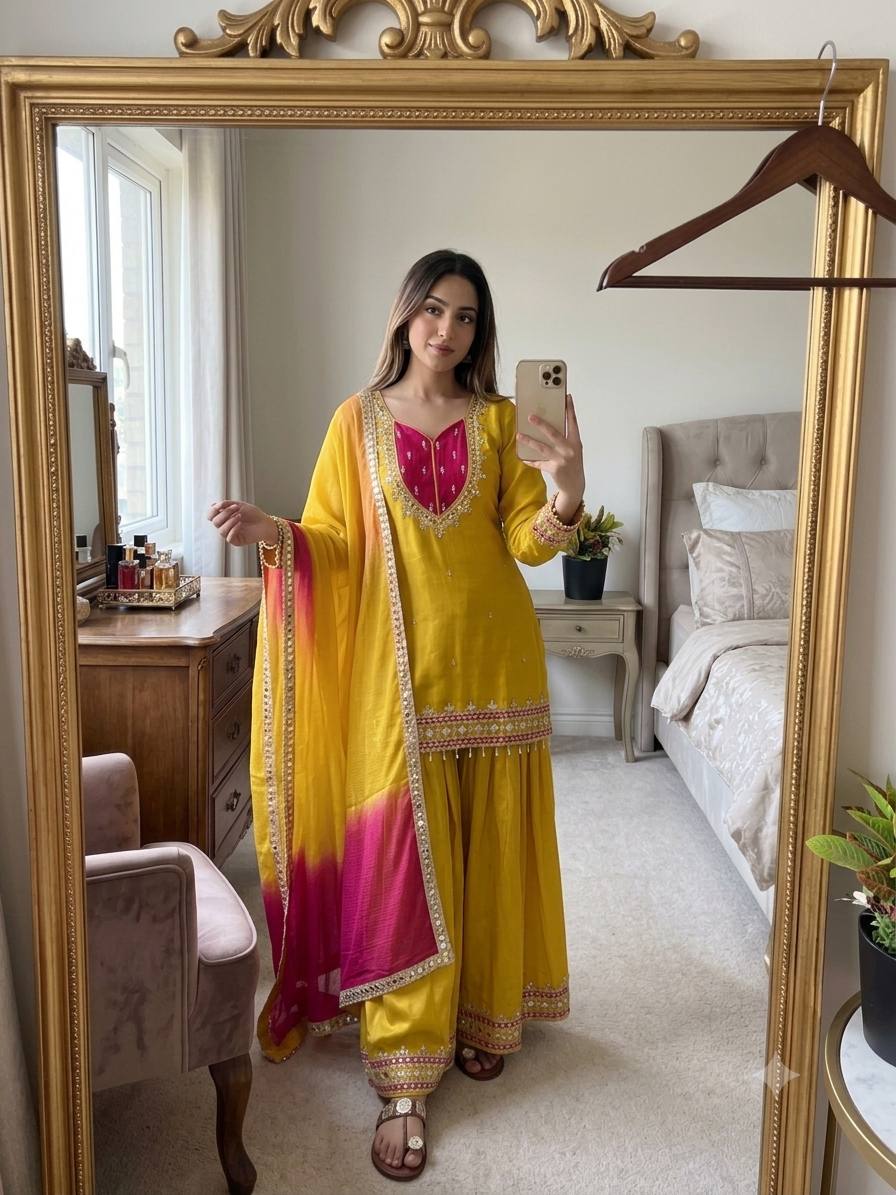 Yellow Roman Glass Sharara Suit with Mirror Work, fully stitched festive ethnic wear