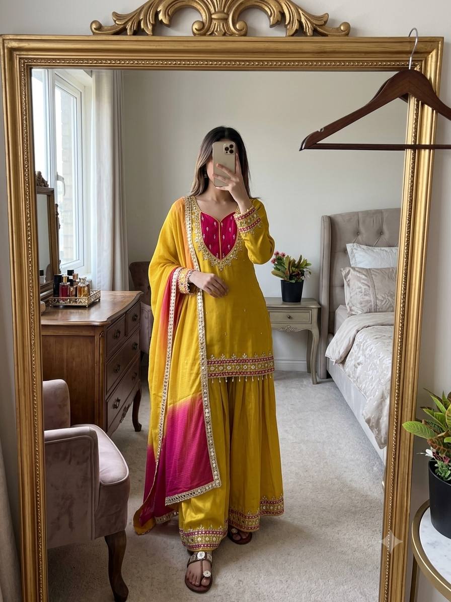 Yellow Roman Glass Sharara Suit with Mirror Work, fully stitched festive ethnic wear