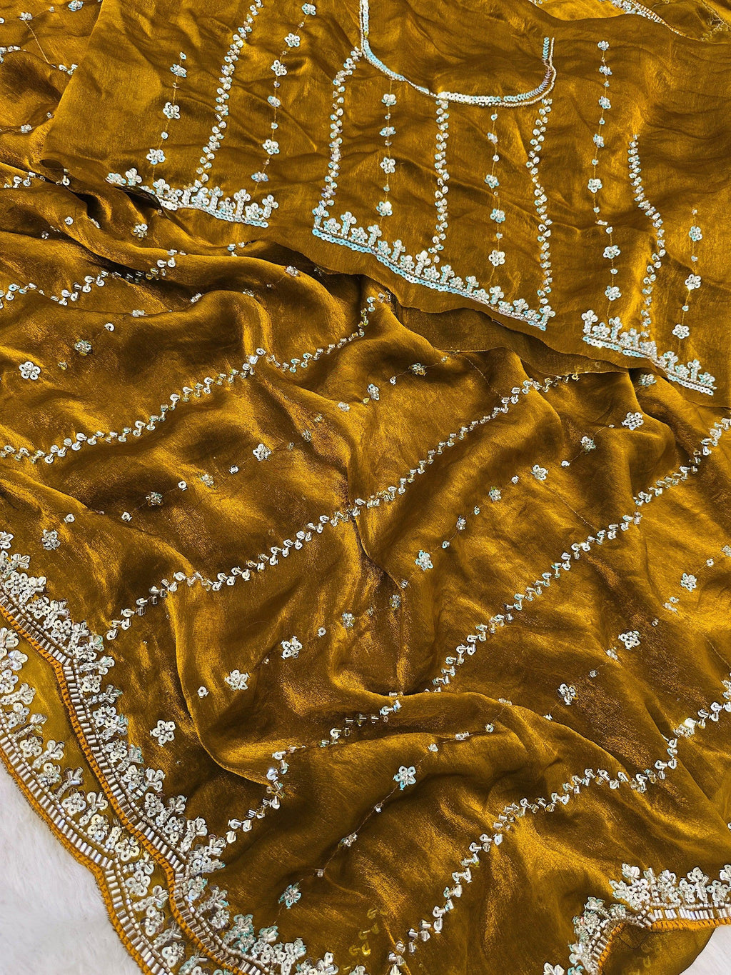 Yellow Captivating Beads Work Satin Party Wear Saree With Blouse