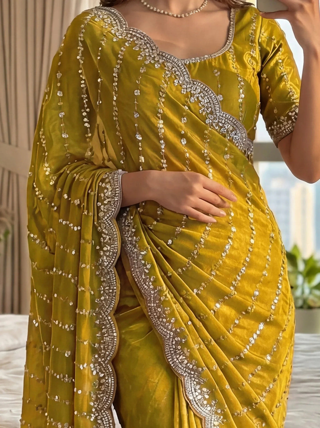 Yellow Captivating Beads Work Satin Party Wear Saree With Blouse