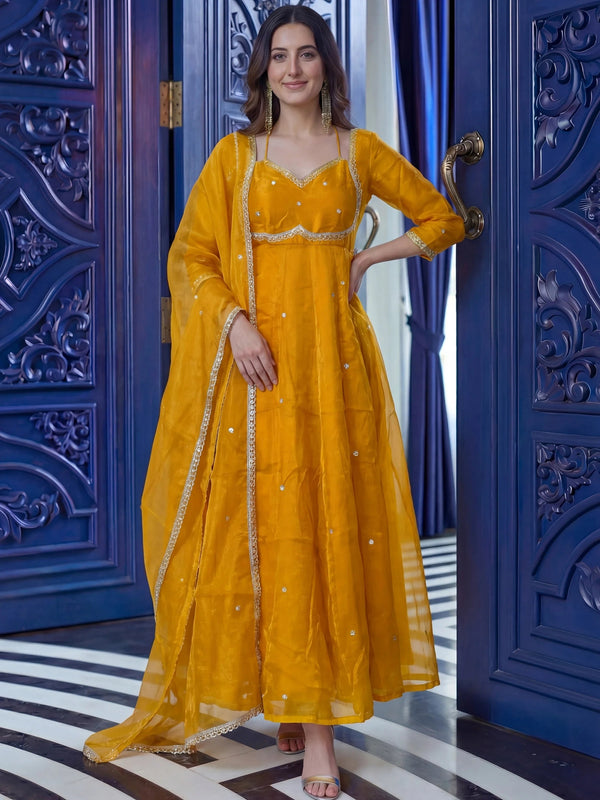Mustard Beautiful Sequins Silk Haldi Wear Anarkali Gown