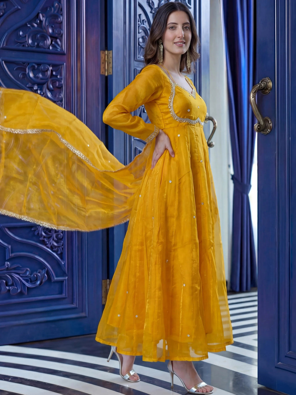 Mustard Beautiful Sequins Silk Haldi Wear Anarkali Gown