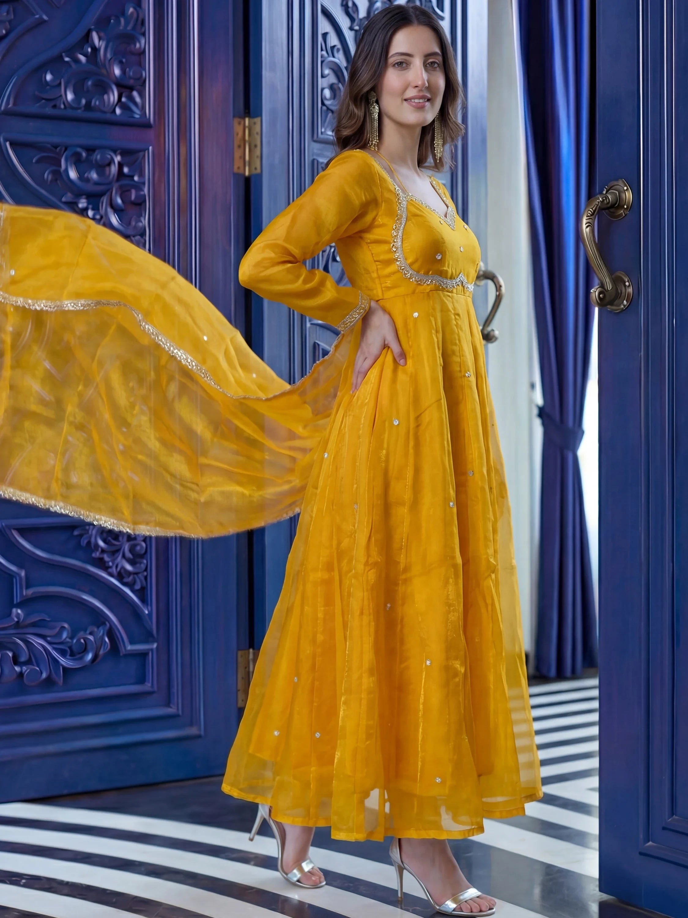 Mustard Beautiful Sequins Silk Haldi Wear Anarkali Gown