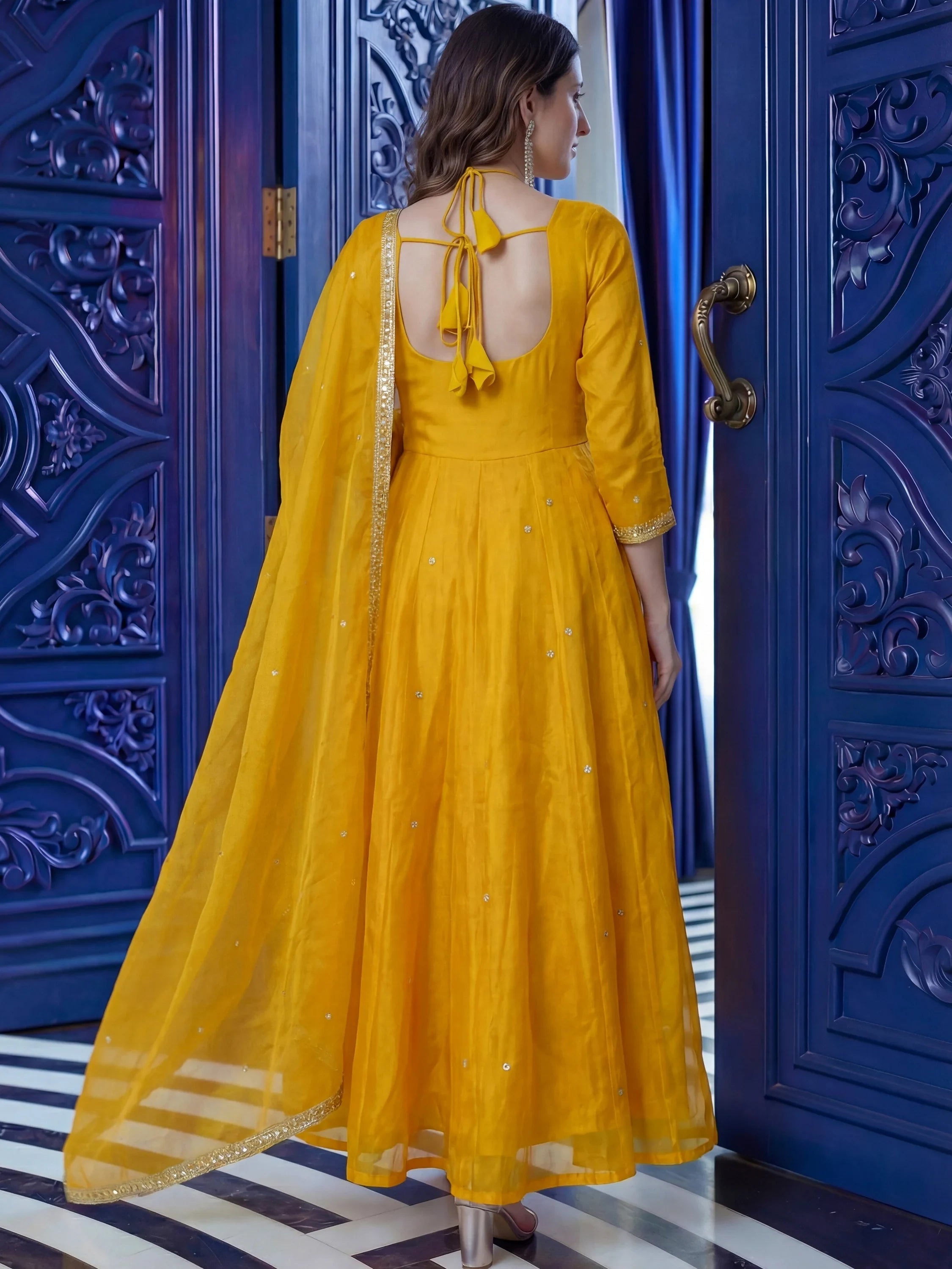 Mustard Beautiful Sequins Silk Haldi Wear Anarkali Gown