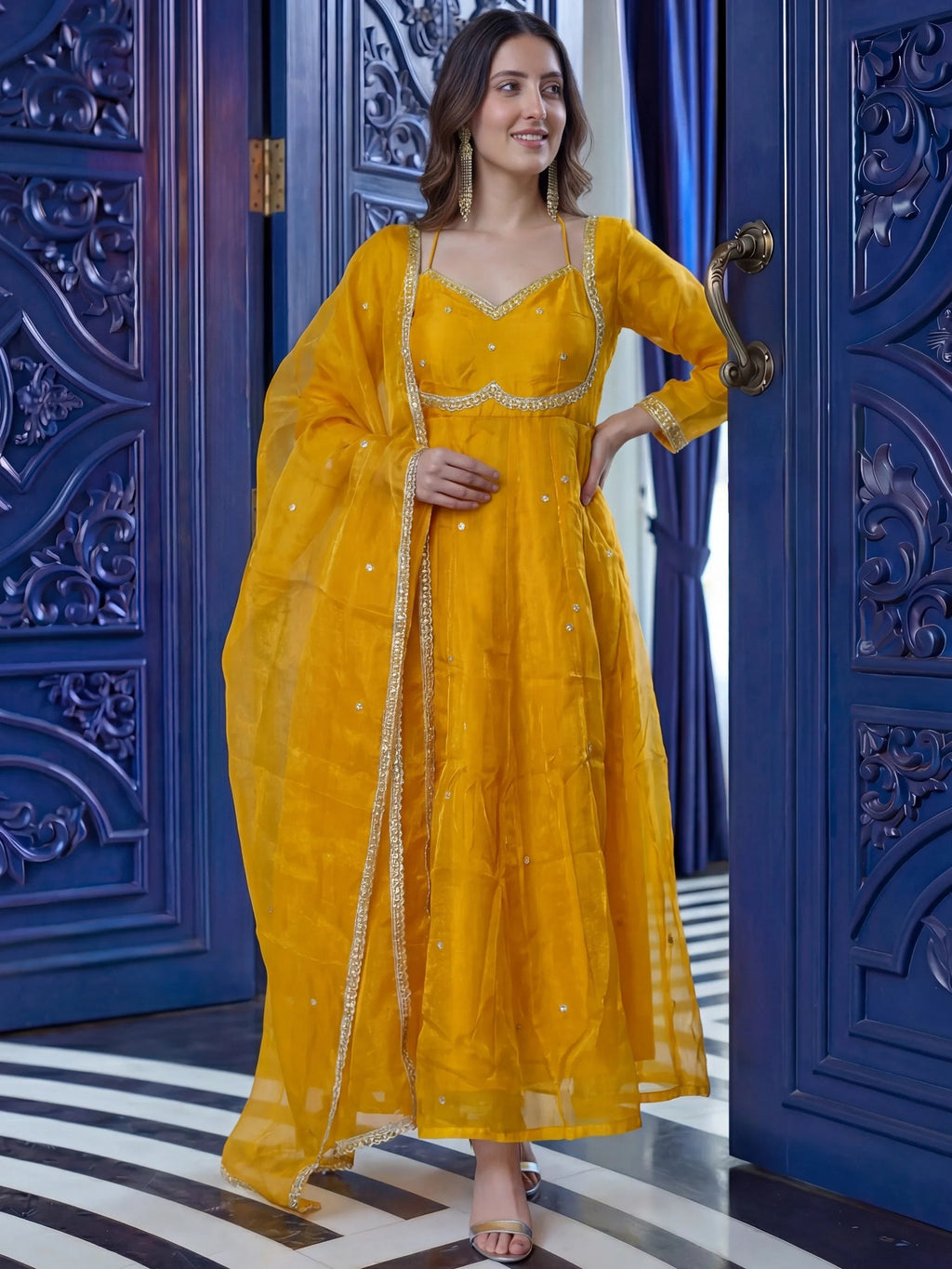 Mustard Beautiful Sequins Silk Haldi Wear Anarkali Gown
