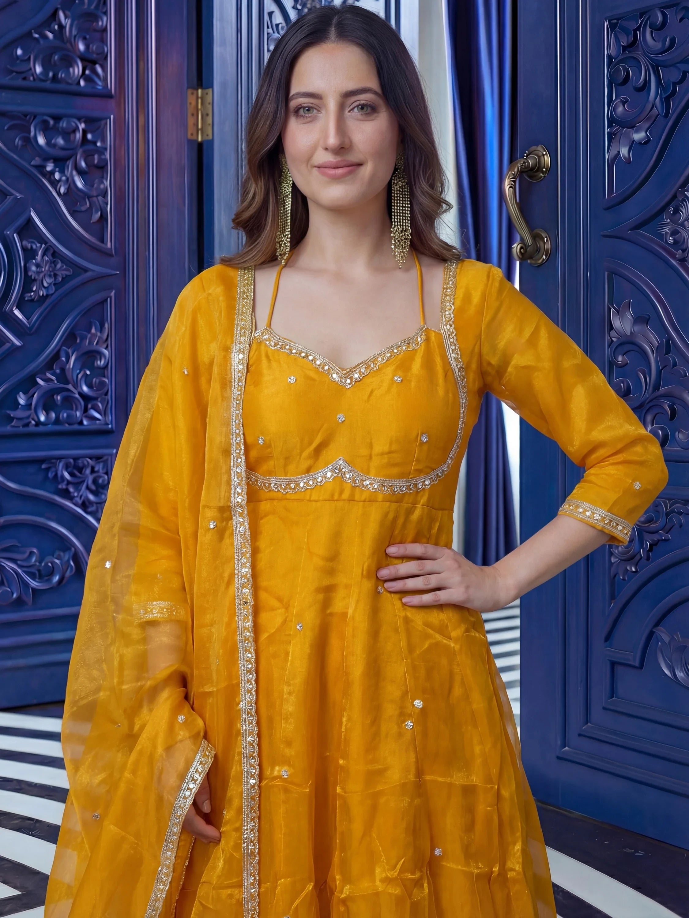 Mustard Beautiful Sequins Silk Haldi Wear Anarkali Gown