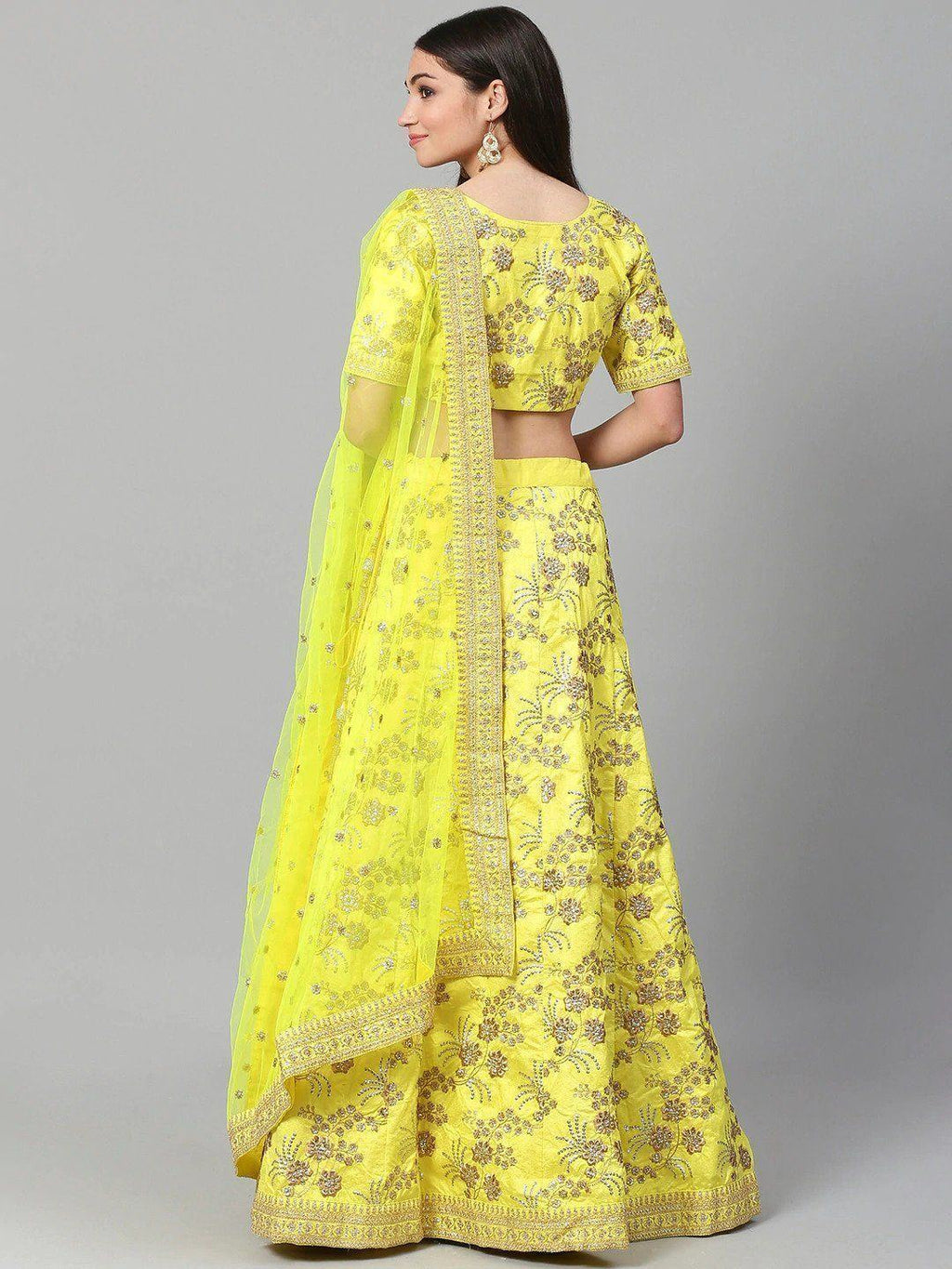 Yellow & Toned Embroidered Semi-Stitched Myntra Party Wear Lehenga & Unstitched Blouse with Dupatta