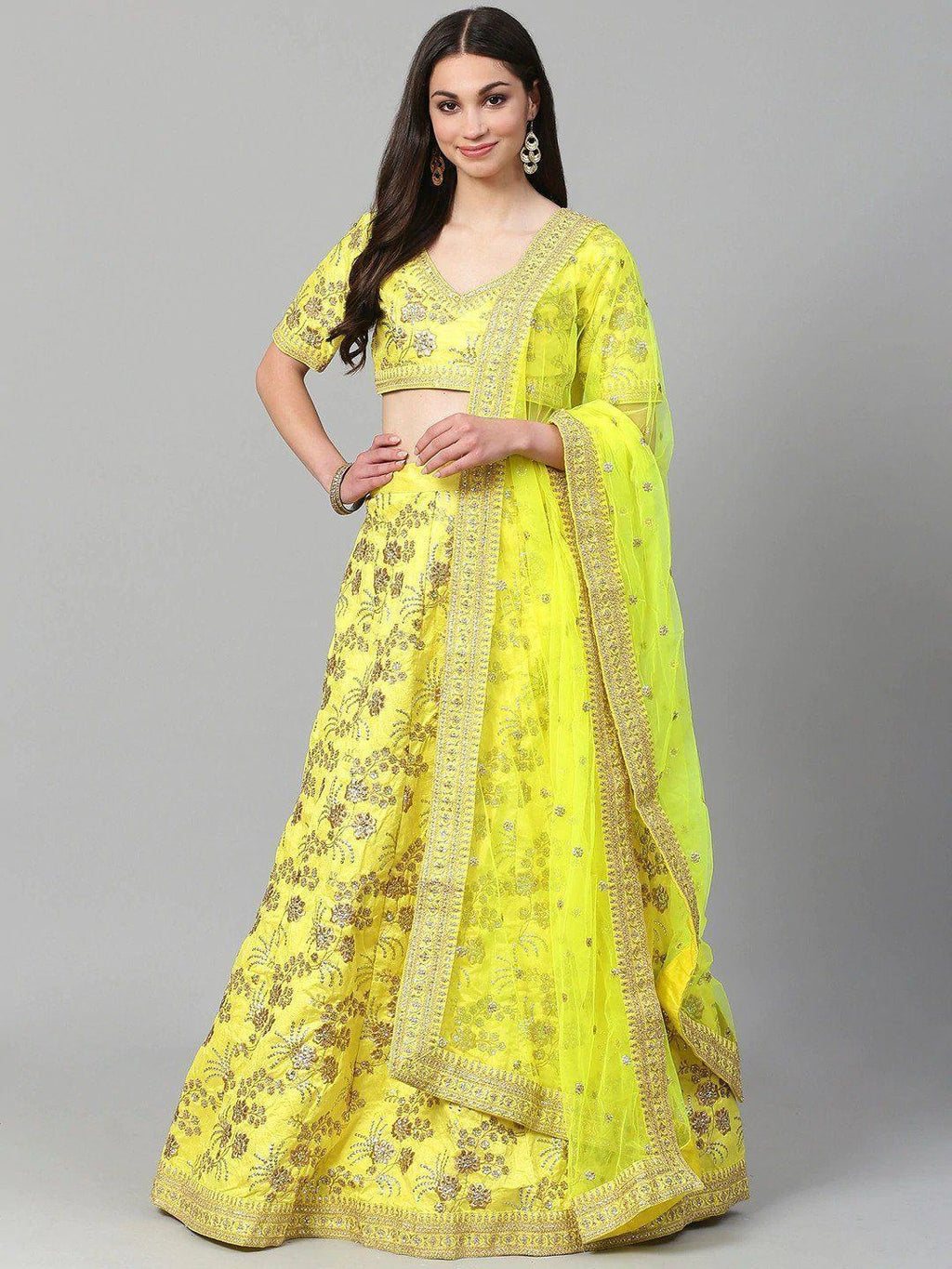 Yellow & Toned Embroidered Semi-Stitched Myntra Party Wear Lehenga & Unstitched Blouse with Dupatta