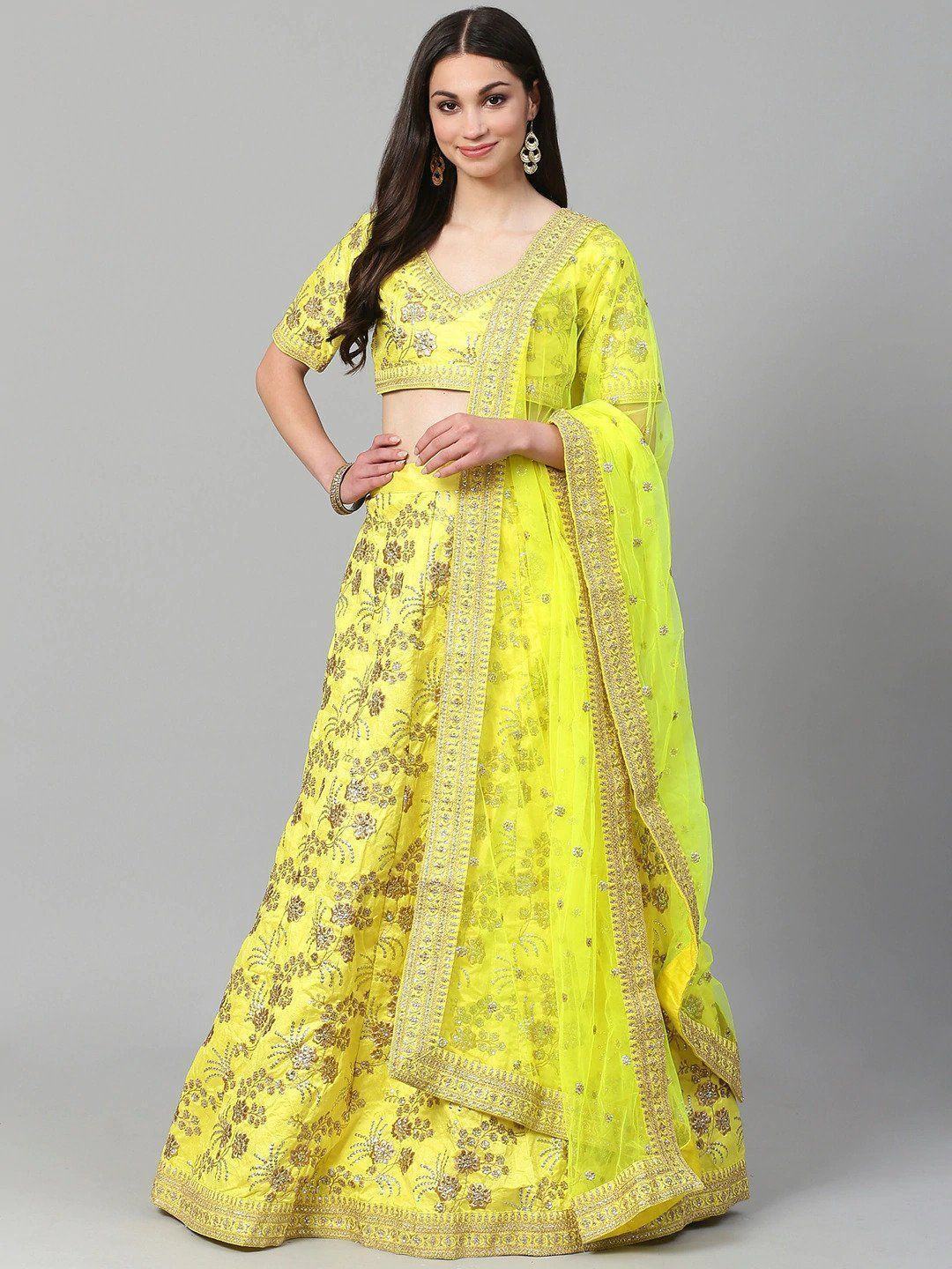 Yellow & Toned Embroidered Semi-Stitched Myntra Party Wear Lehenga & Unstitched Blouse with Dupatta