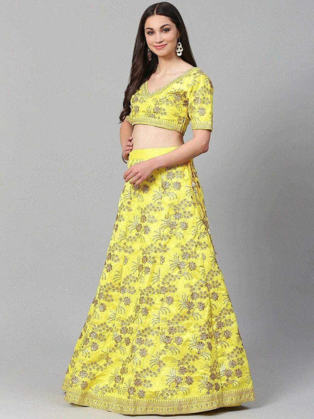 Yellow & Toned Embroidered Semi-Stitched Myntra Party Wear Lehenga & Unstitched Blouse with Dupatta