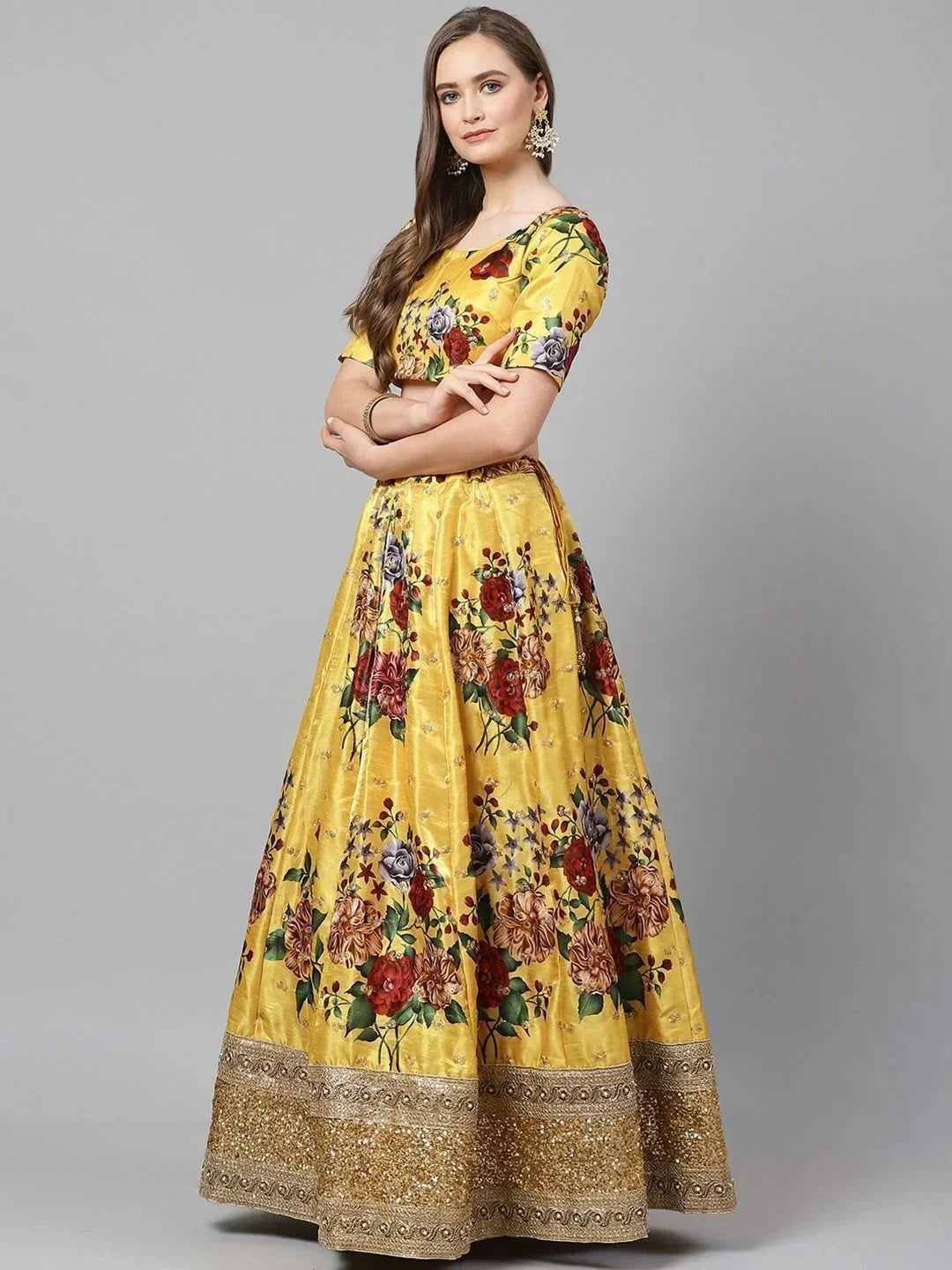 Yellow & Printed Semi-Stitched Myntra Lehenga & Unstitched Blouse with Dupatta