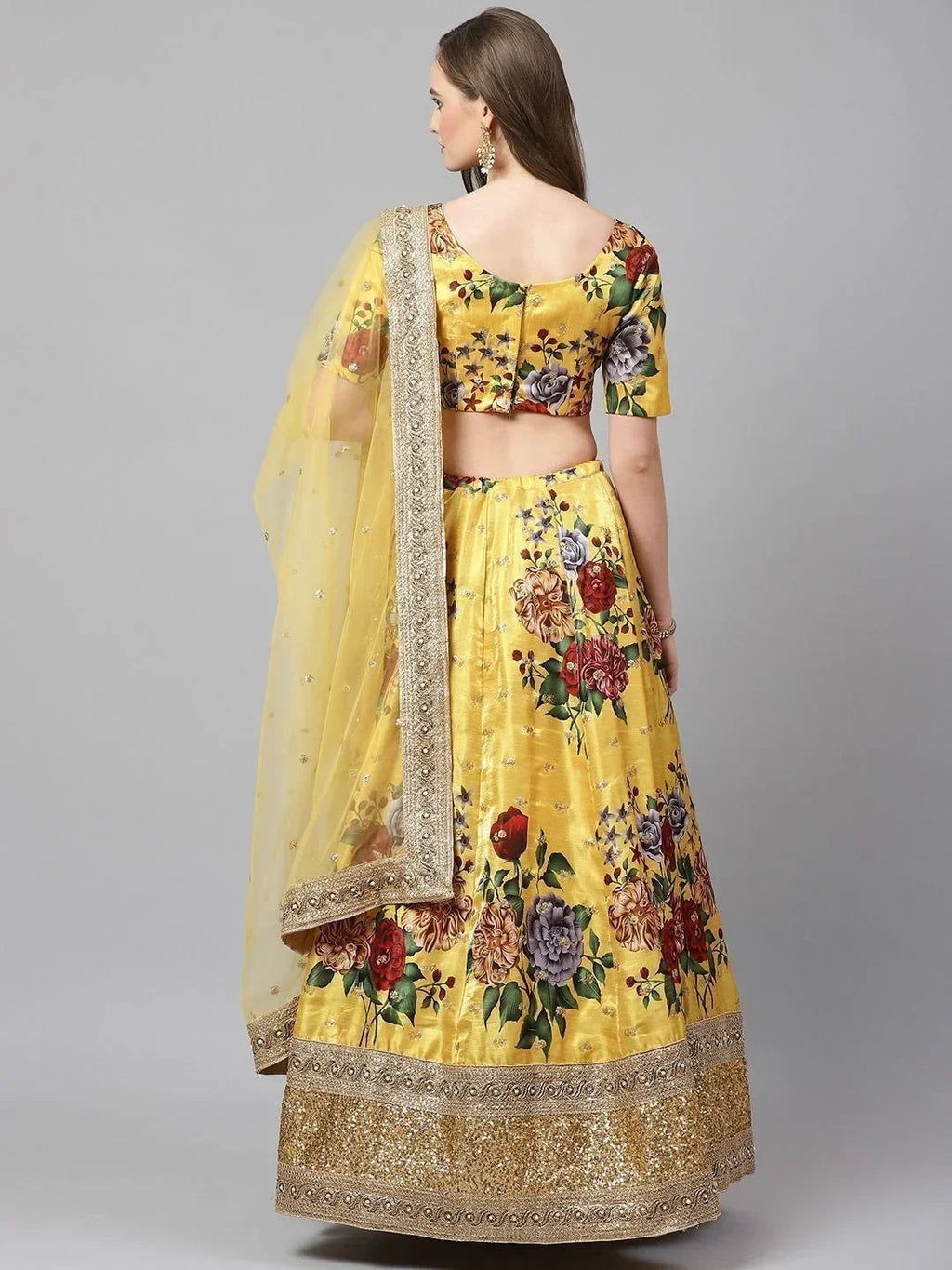 Yellow & Printed Semi-Stitched Myntra Lehenga & Unstitched Blouse with Dupatta