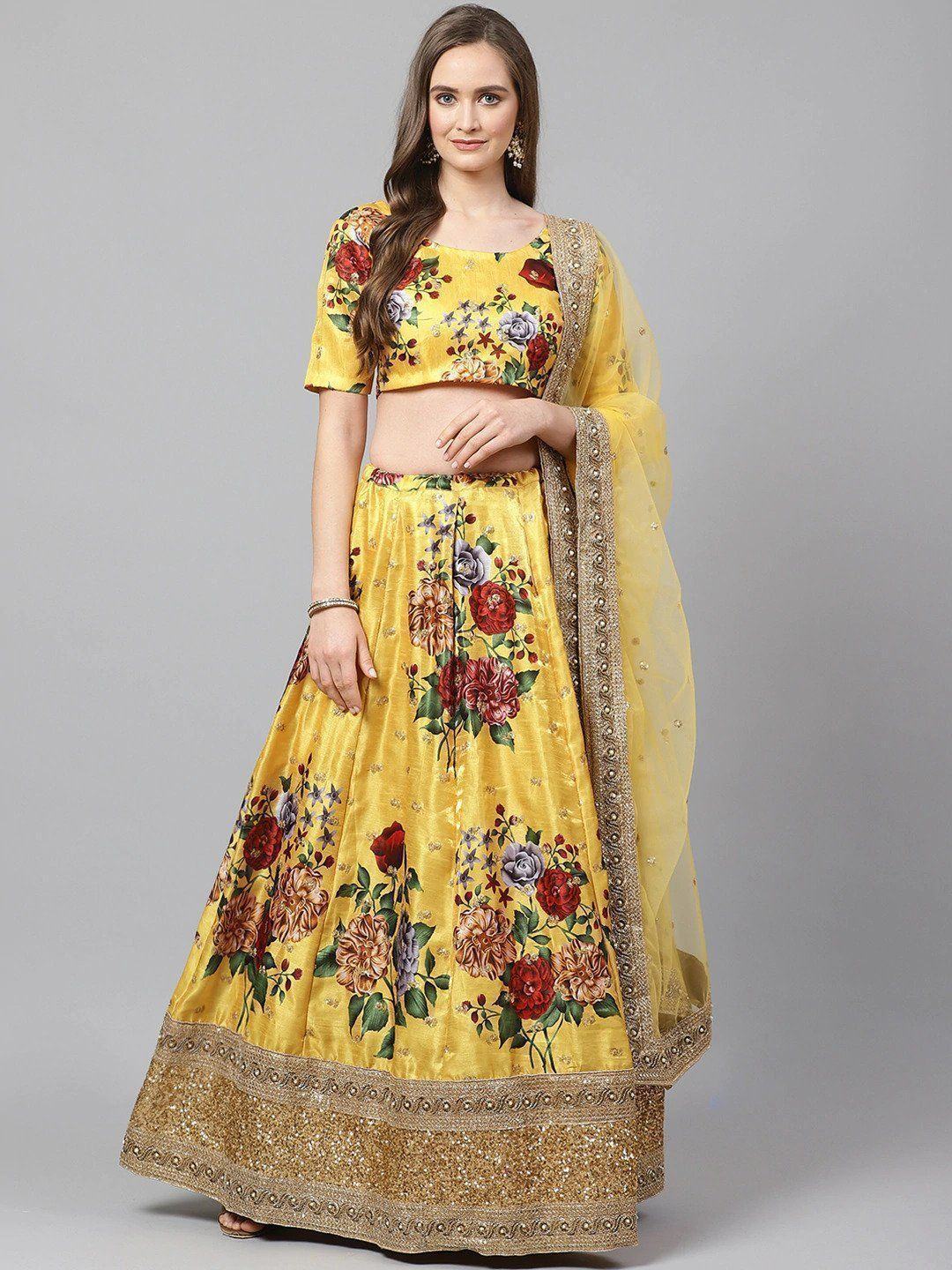 Yellow & Printed Semi-Stitched Myntra Lehenga & Unstitched Blouse with Dupatta
