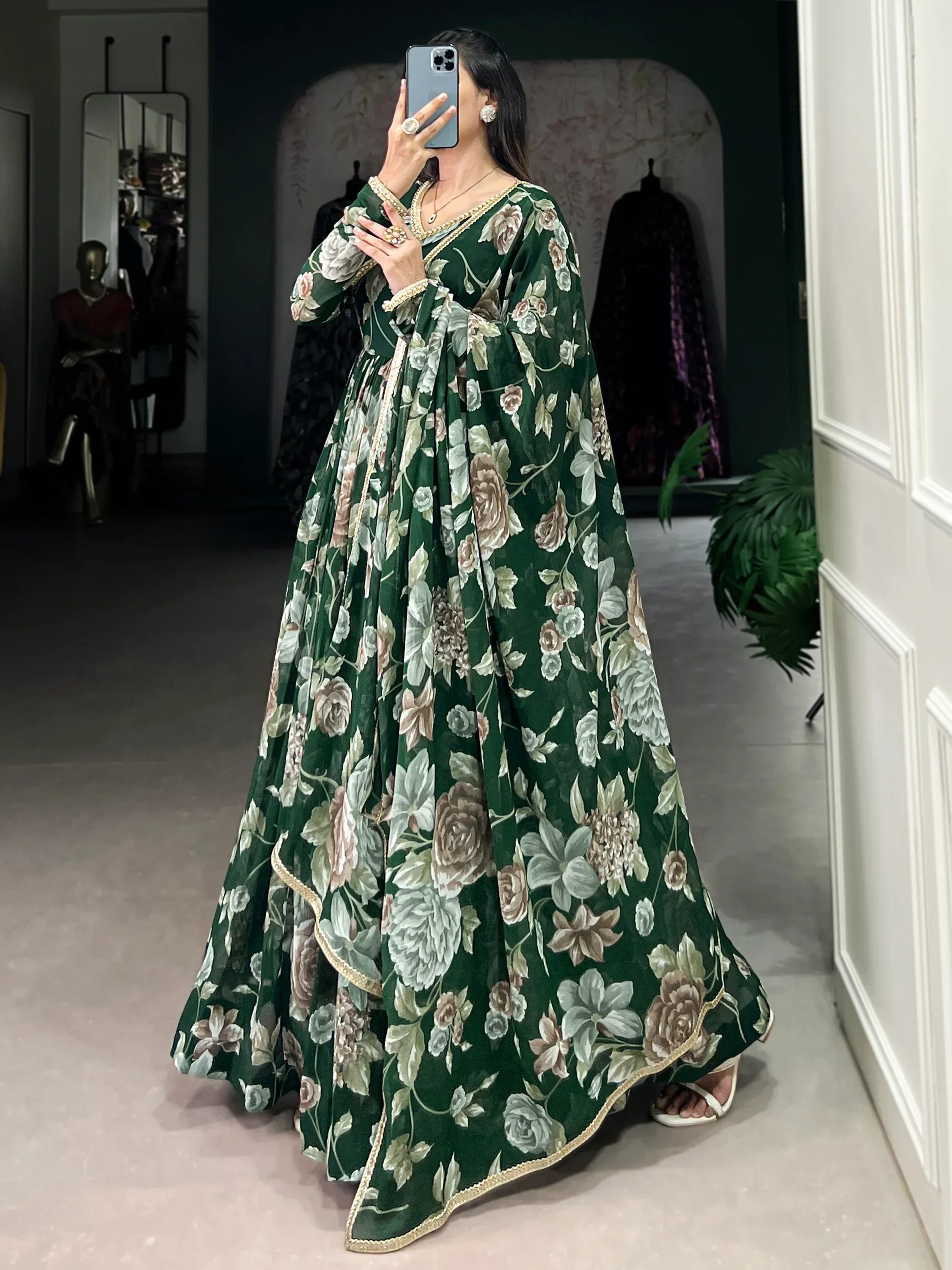 Green Adorable Floral Printed Georgette Evening Wear Gown