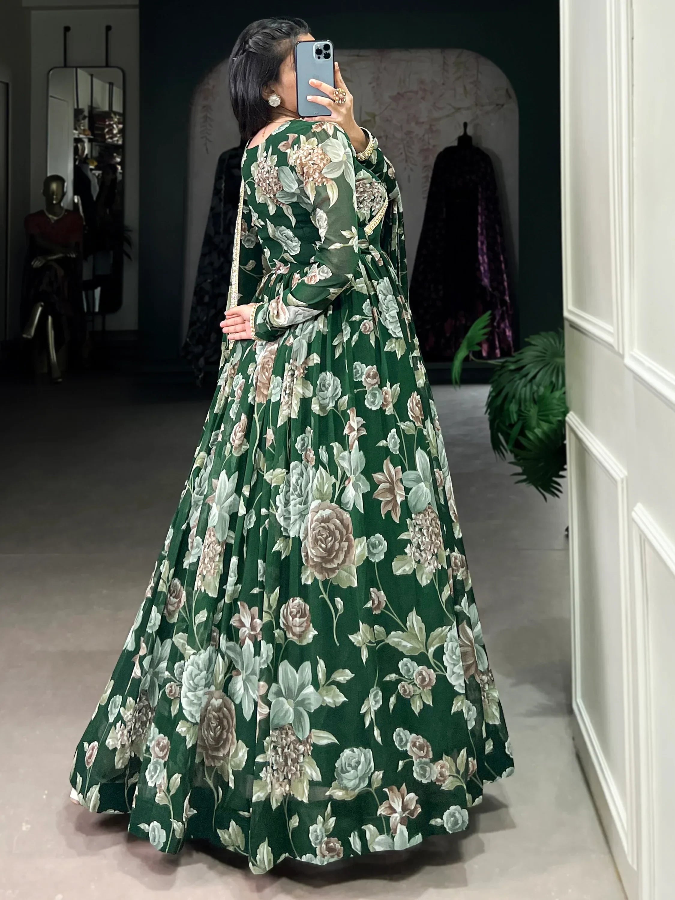 Green Adorable Floral Printed Georgette Evening Wear Gown