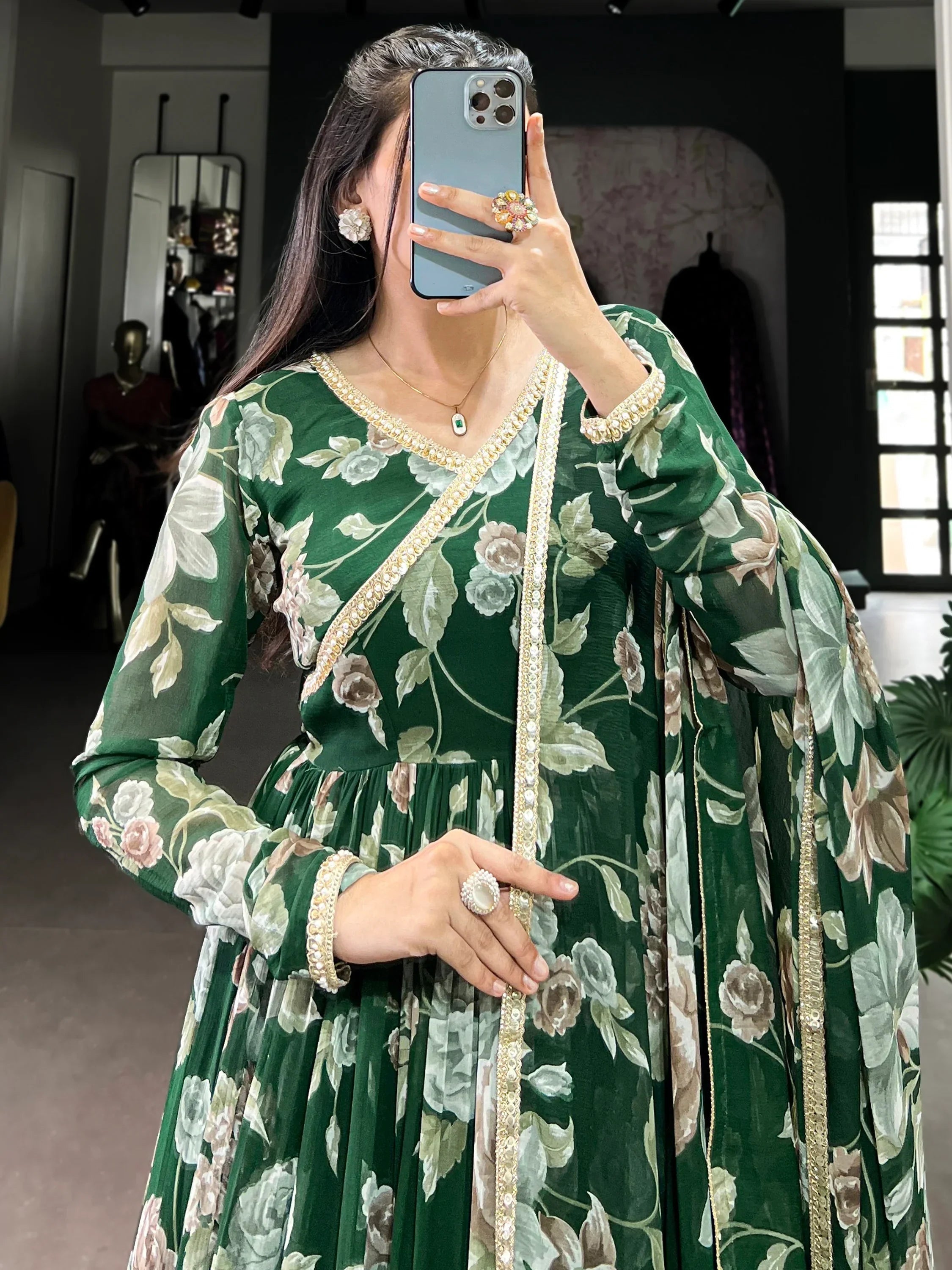 Green Adorable Floral Printed Georgette Evening Wear Gown
