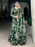 Green Adorable Floral Printed Georgette Evening Wear Gown