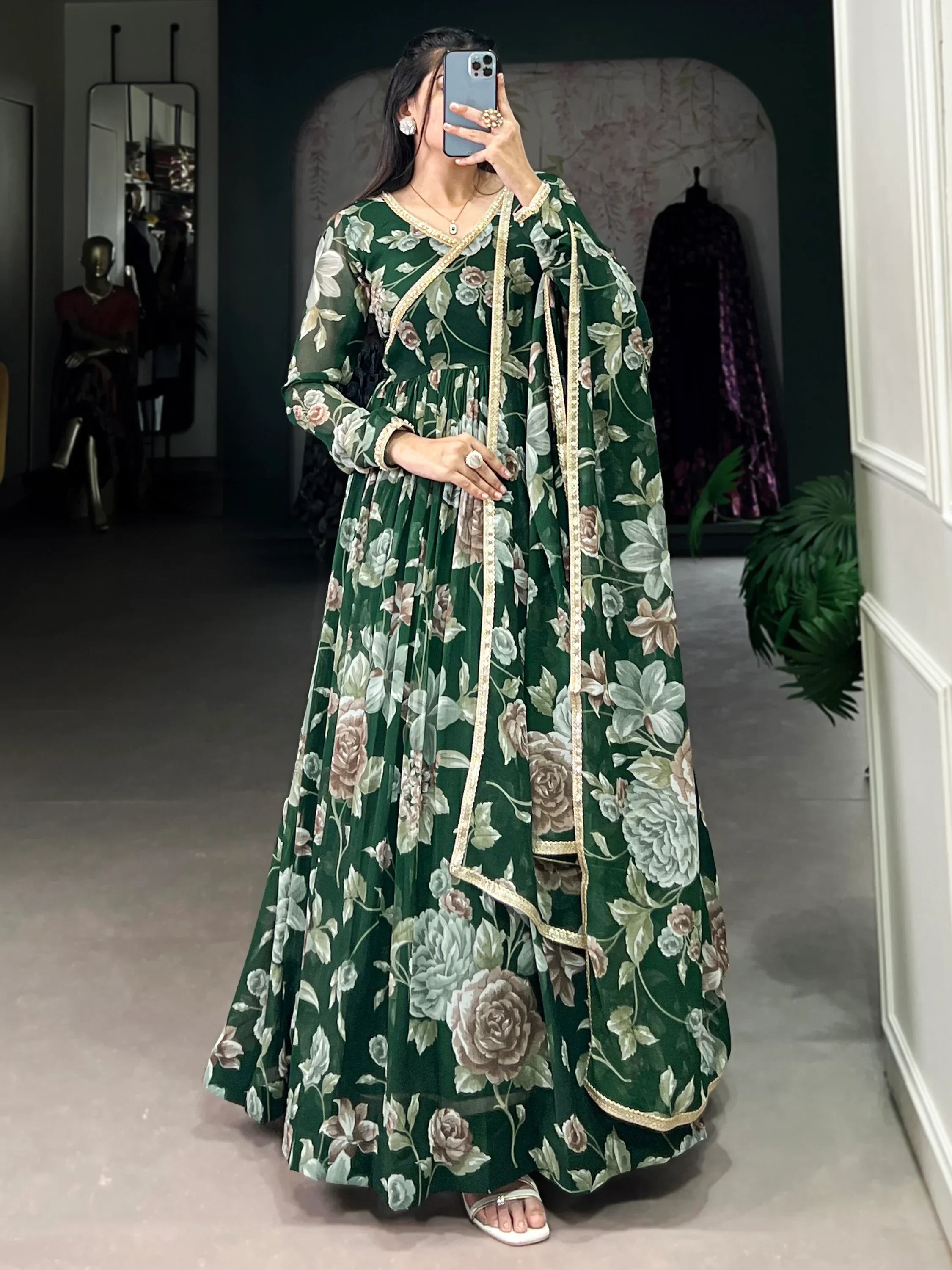 Green Adorable Floral Printed Georgette Evening Wear Gown