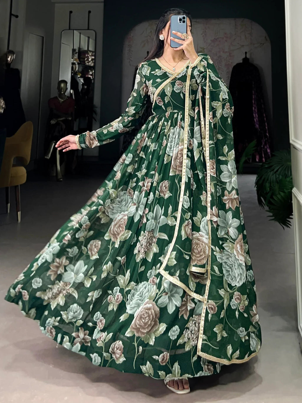 Green Adorable Floral Printed Georgette Evening Wear Gown