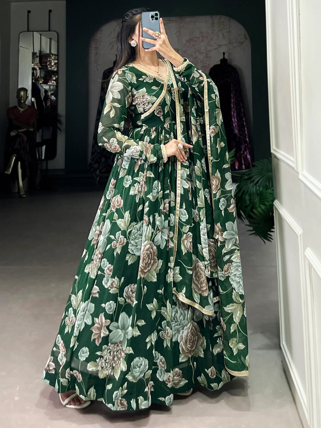 Green Adorable Floral Printed Georgette Evening Wear Gown