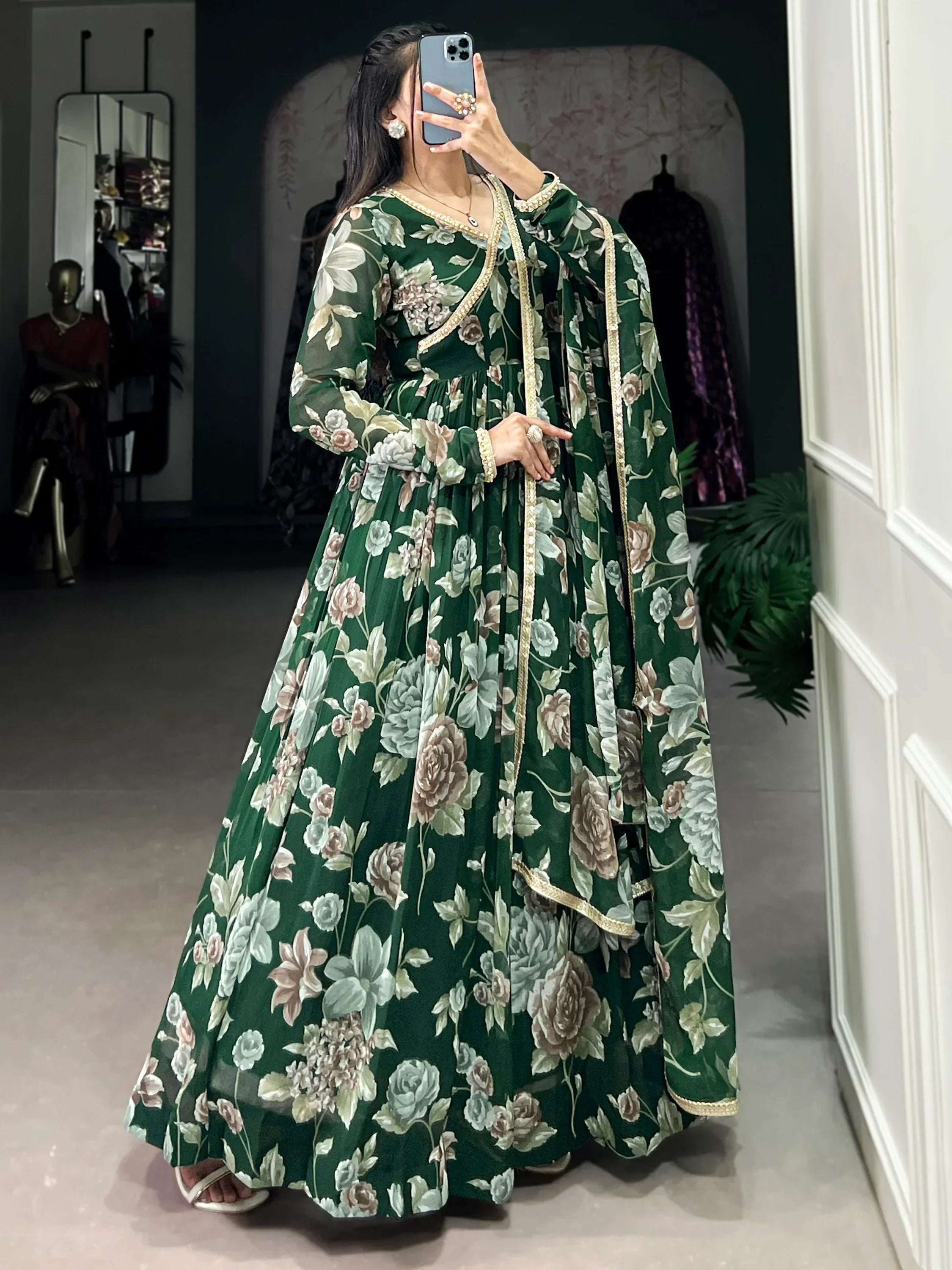 Green Adorable Floral Printed Georgette Evening Wear Gown