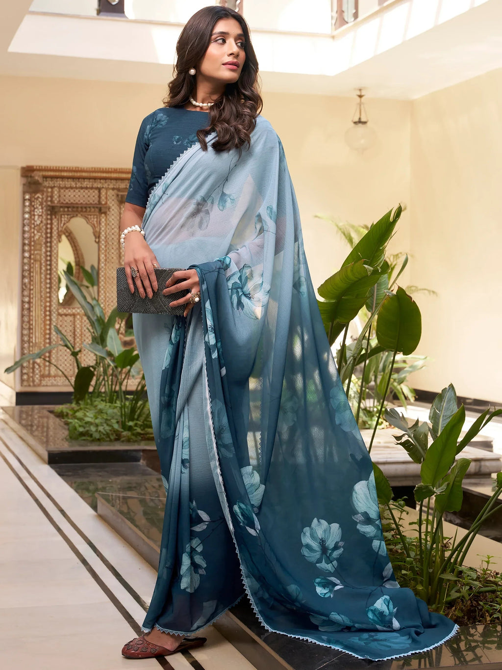 Teal Stunning Floral Printed Chiffon Saree With Blouse