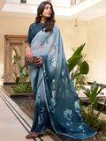 Teal Stunning Floral Printed Chiffon Saree With Blouse